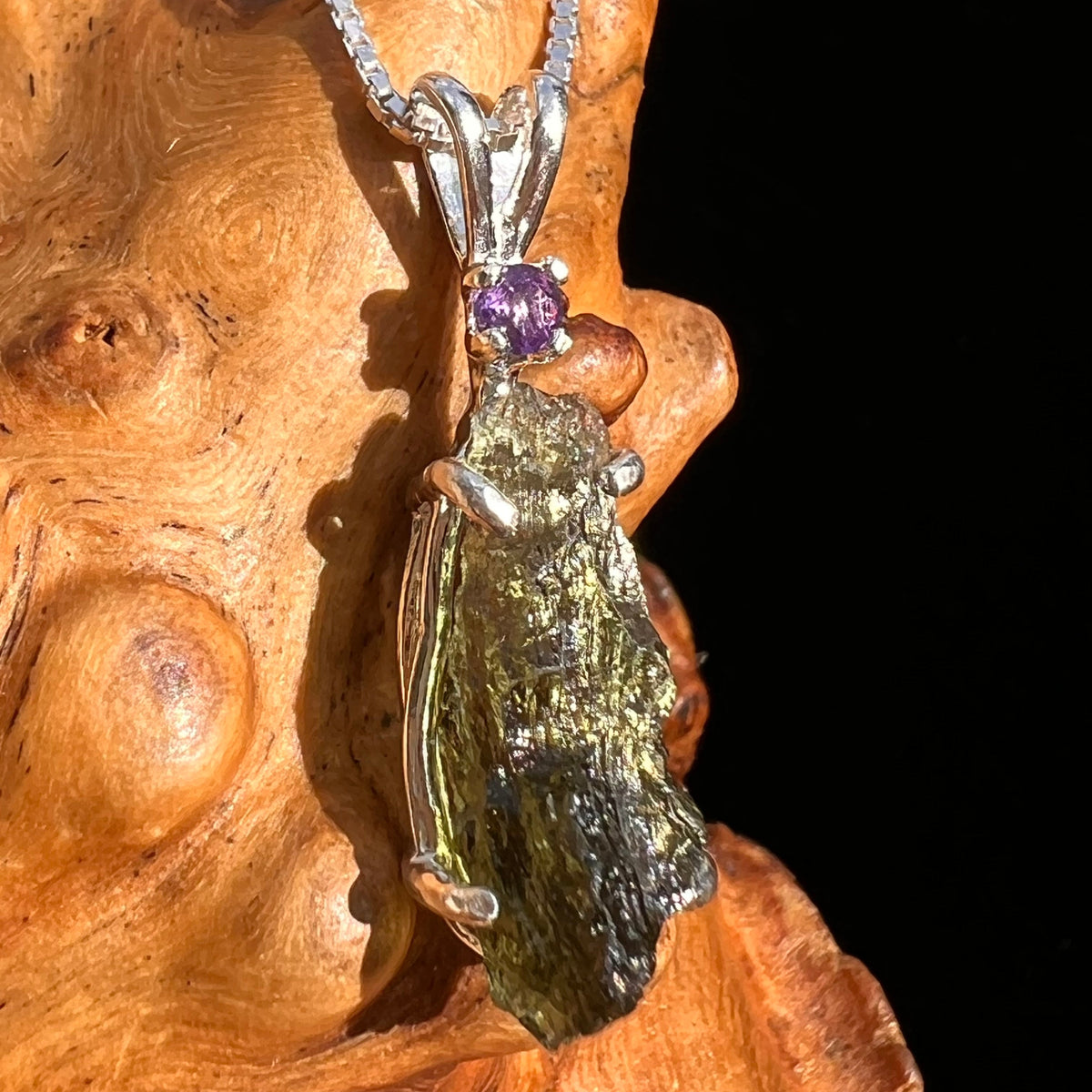 Moldavite & Amethyst Necklace Sterling Silver #6704-Moldavite Life