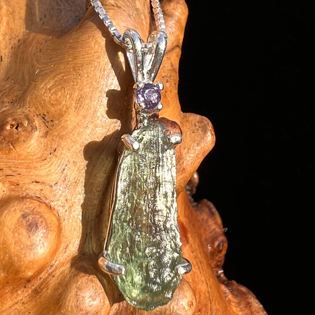 Moldavite & Amethyst Necklace Sterling Silver #6705-Moldavite Life