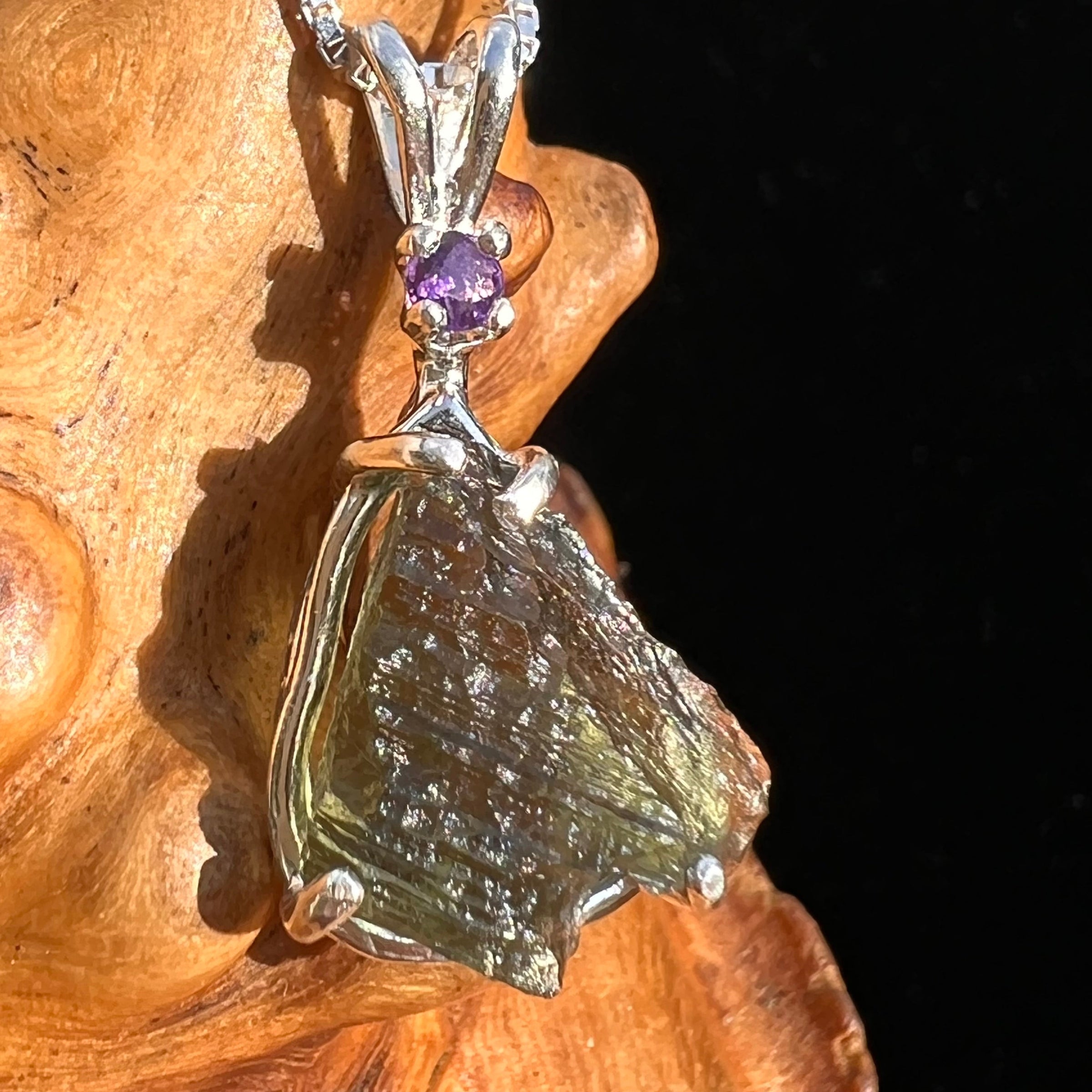 Moldavite & Amethyst Necklace Sterling Silver #6707-Moldavite Life