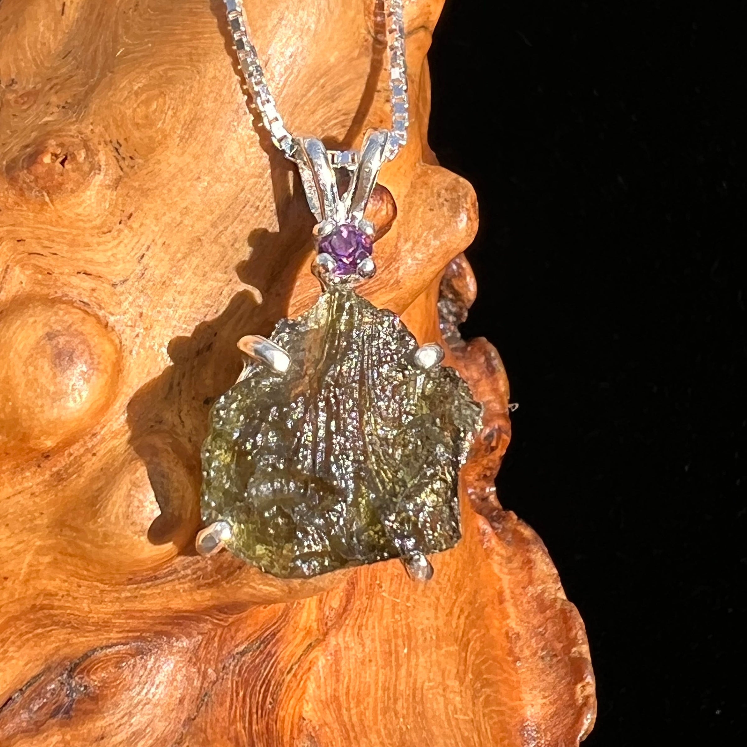 Moldavite & Amethyst Necklace Sterling Silver #6708-Moldavite Life