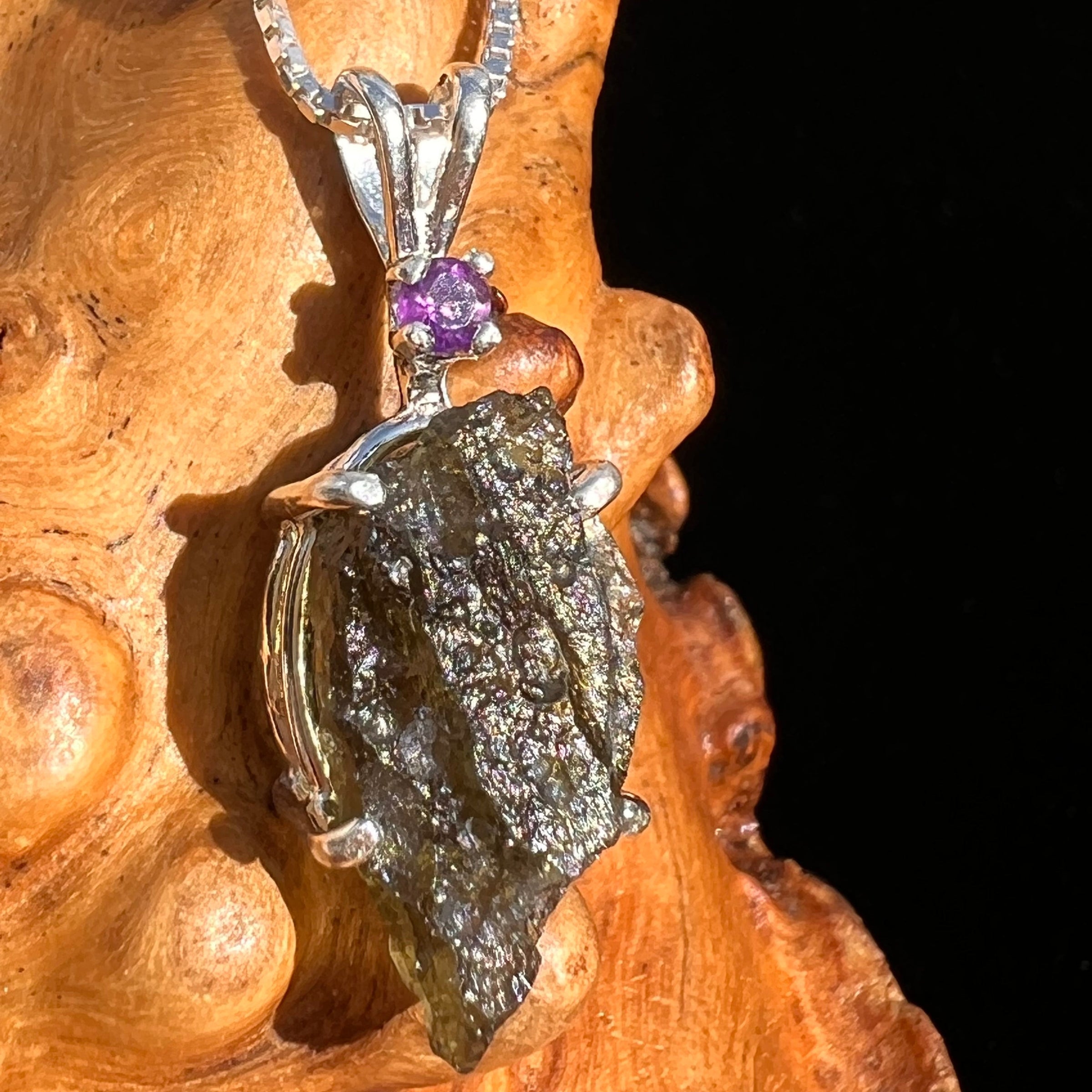 Moldavite & Amethyst Necklace Sterling Silver #6710-Moldavite Life