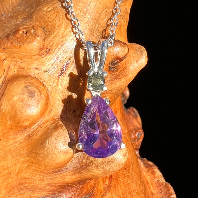Moldavite & Amethyst Necklace Sterling Silver #8193-Moldavite Life