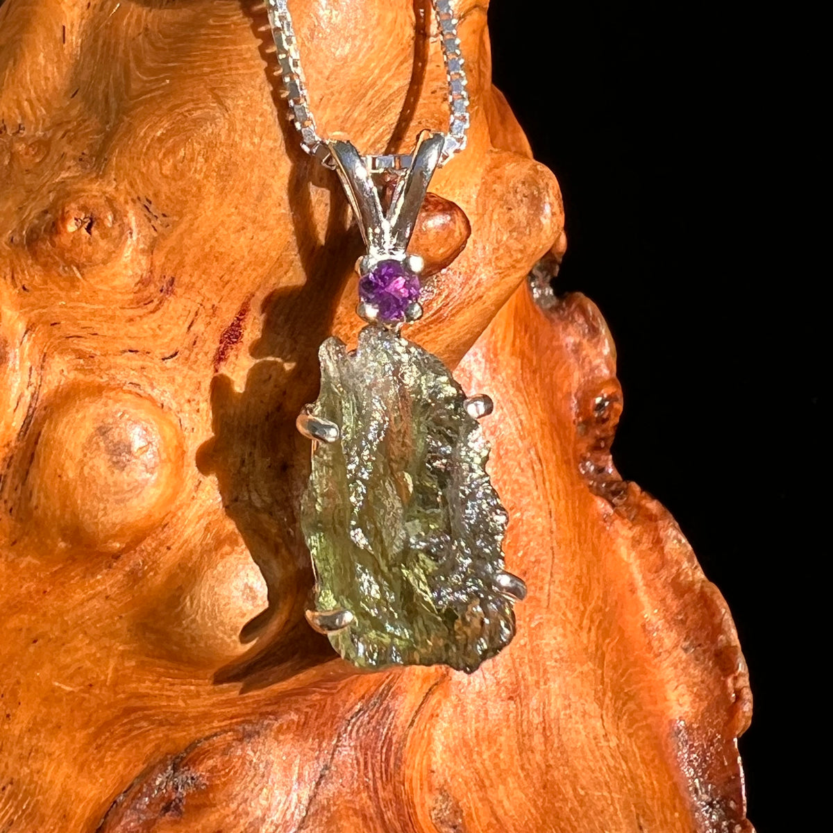 Moldavite & Amethyst Necklace Sterling Silver #8785-Moldavite Life