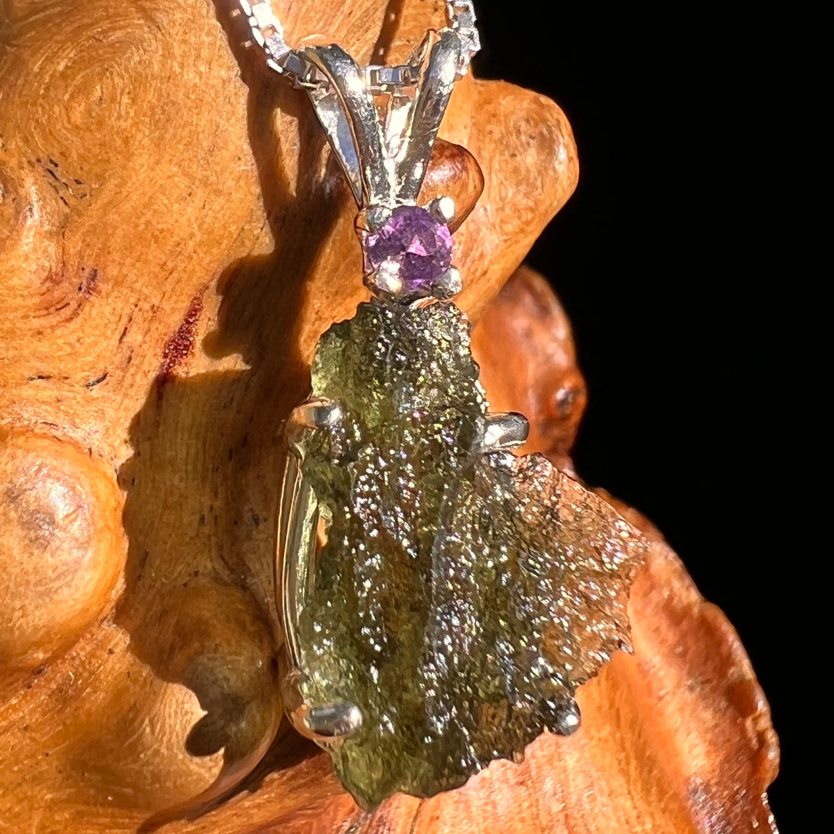 Moldavite & Amethyst Necklace Sterling Silver #8786-Moldavite Life
