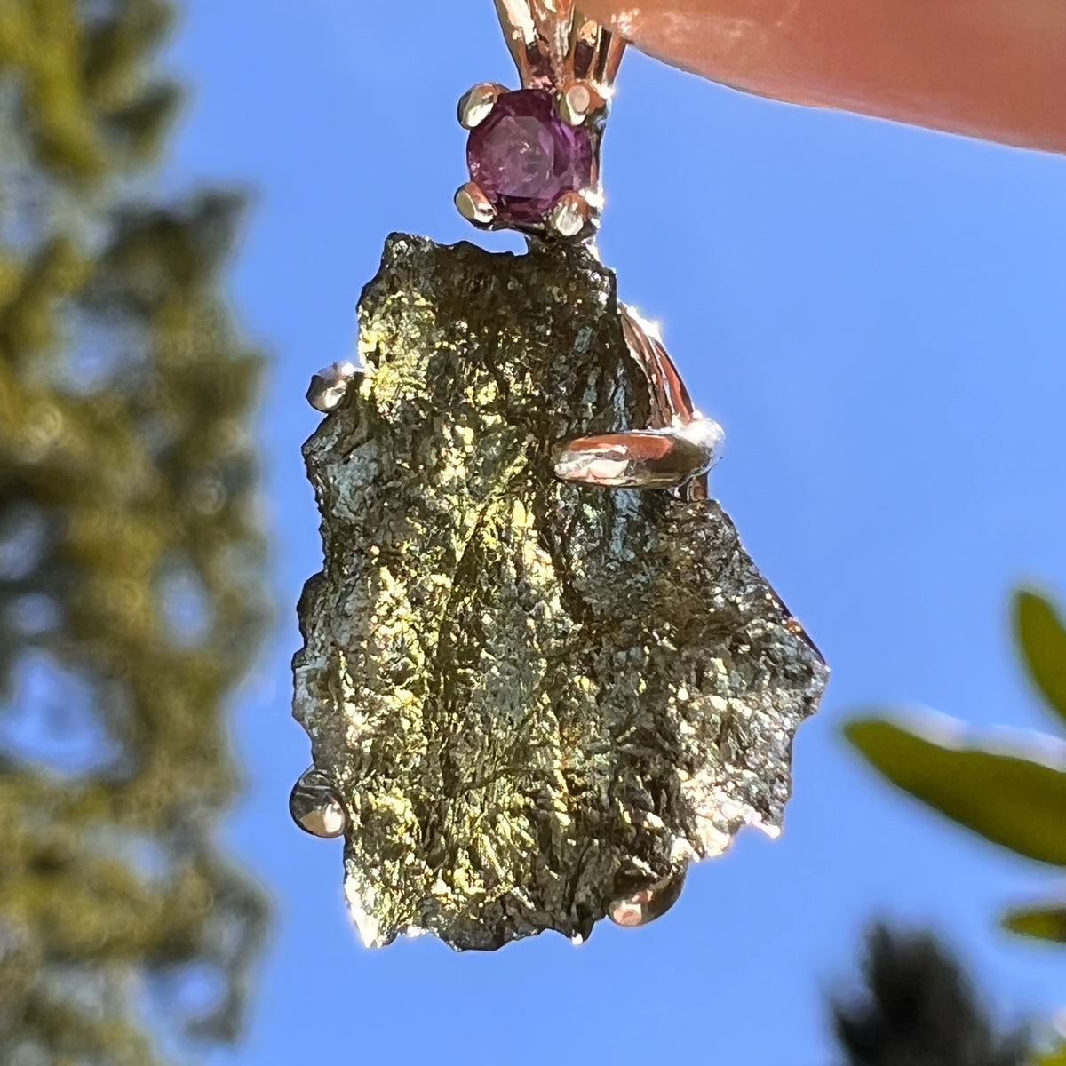 Moldavite & Amethyst Necklace Sterling Silver #8786-Moldavite Life