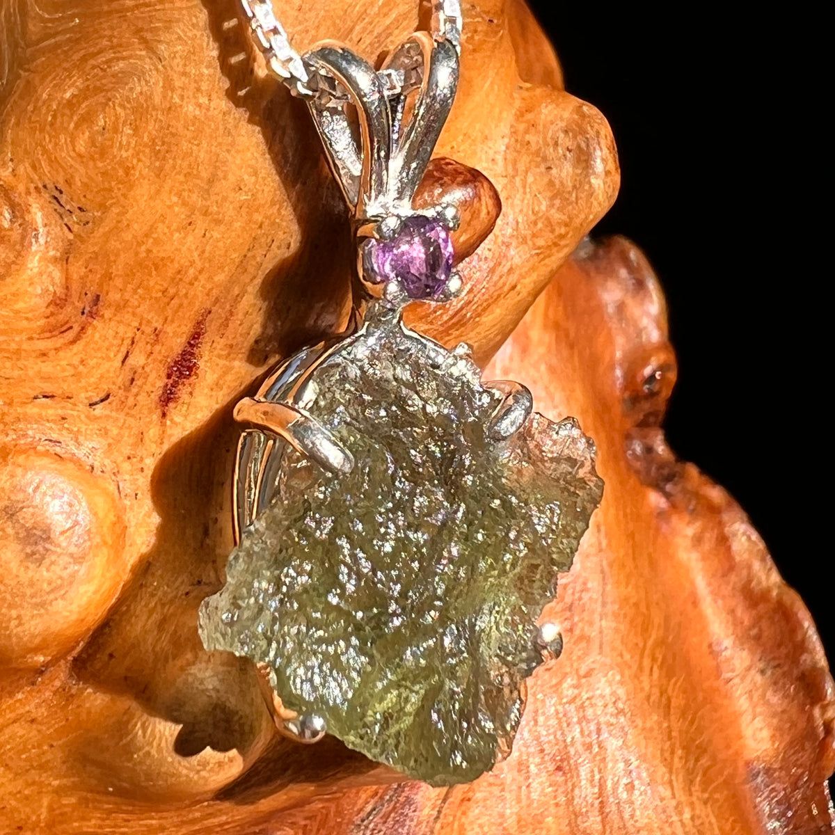 Moldavite & Amethyst Necklace Sterling Silver #8787-Moldavite Life