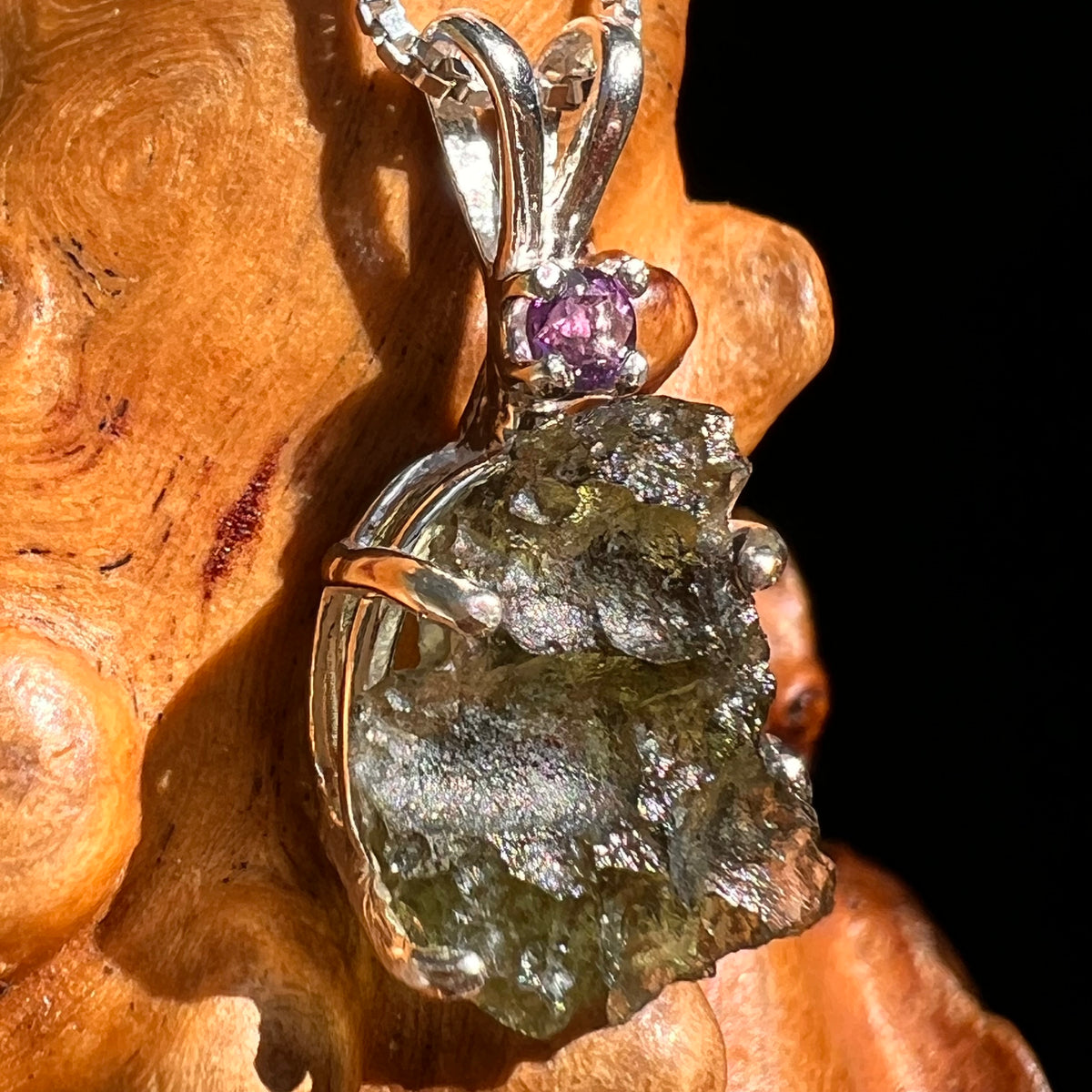 Moldavite & Amethyst Necklace Sterling Silver #8788-Moldavite Life