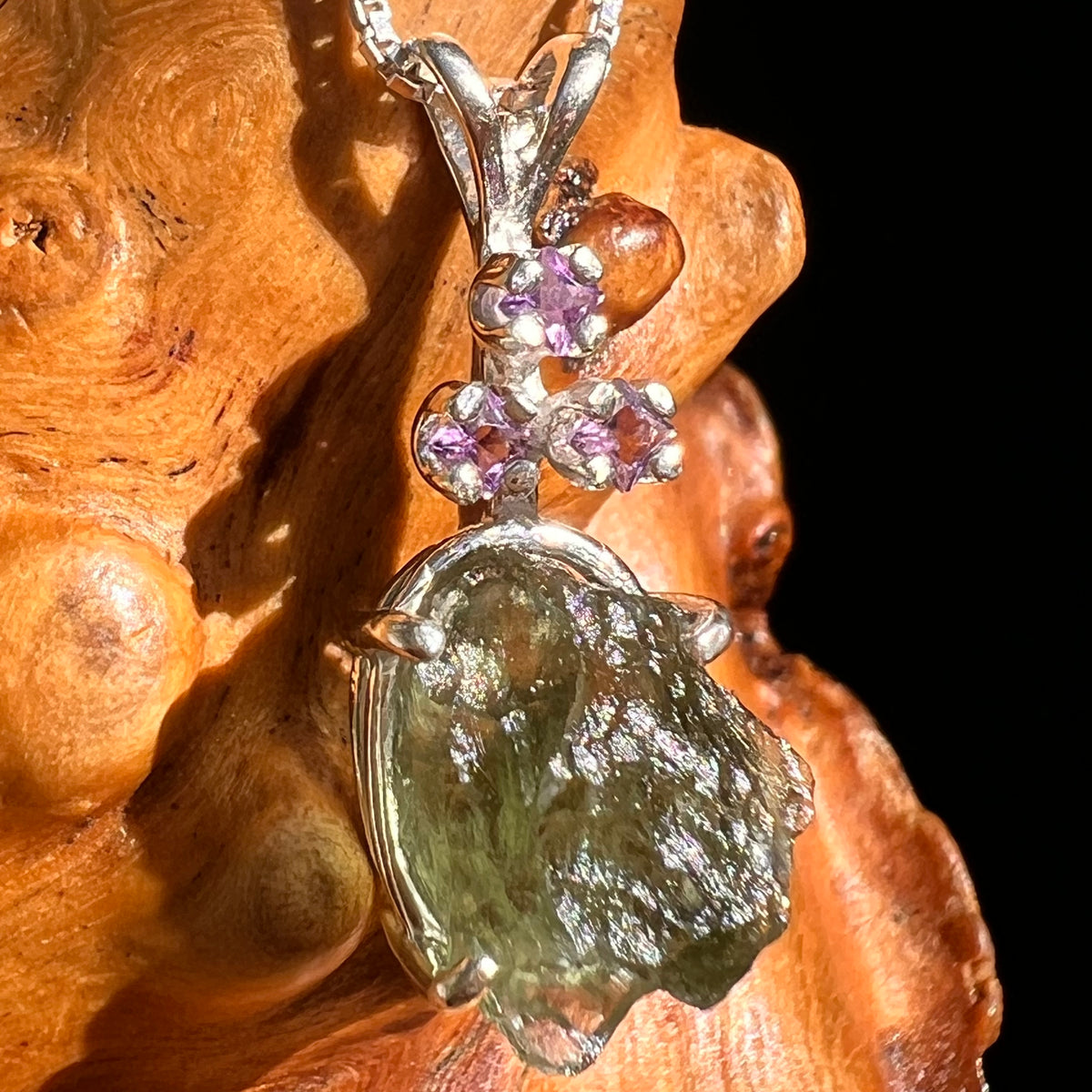 Moldavite & Amethyst Necklace Sterling Silver #8789-Moldavite Life