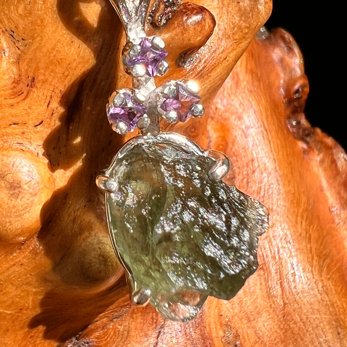 Moldavite & Amethyst Necklace Sterling Silver #8789-Moldavite Life