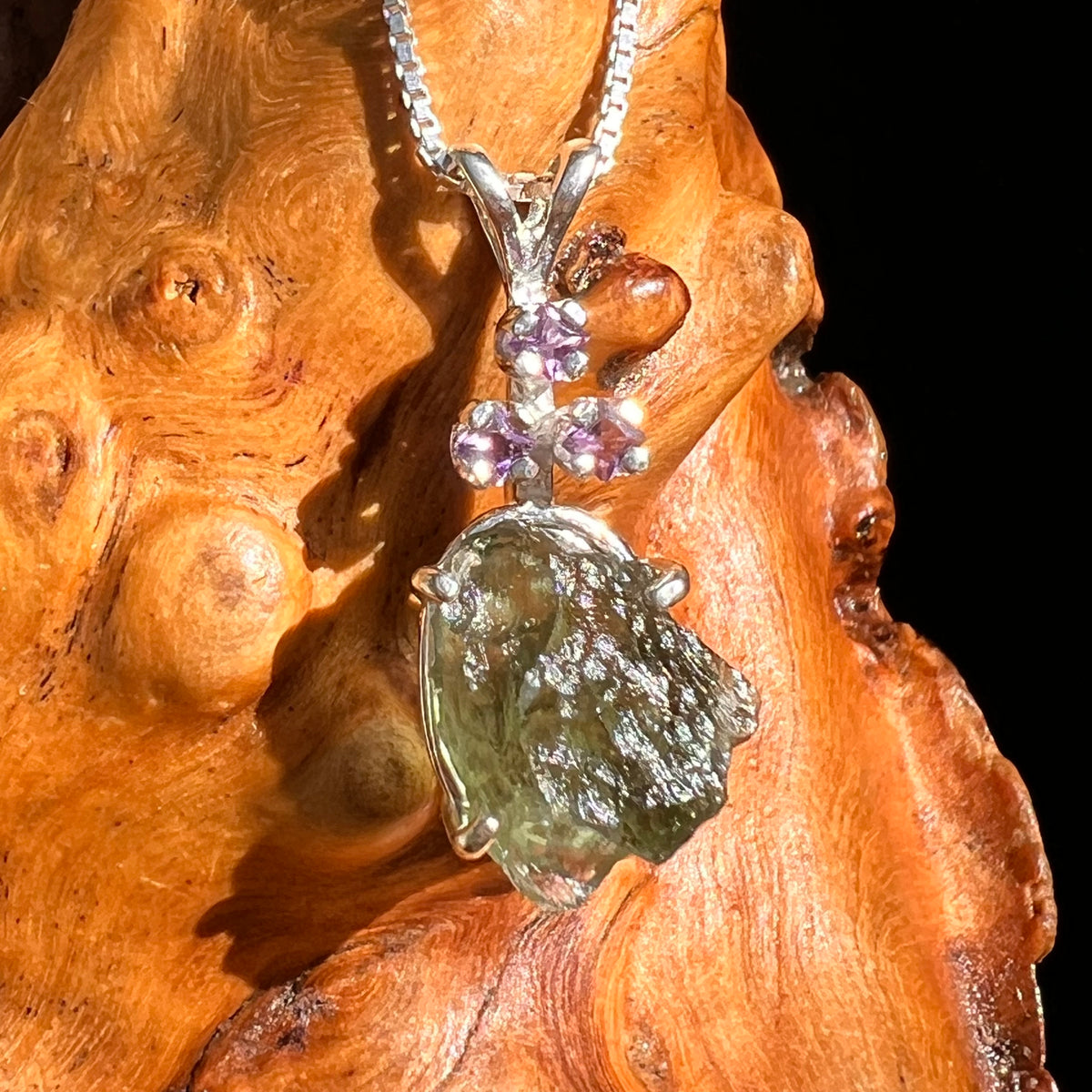Moldavite & Amethyst Necklace Sterling Silver #8789-Moldavite Life