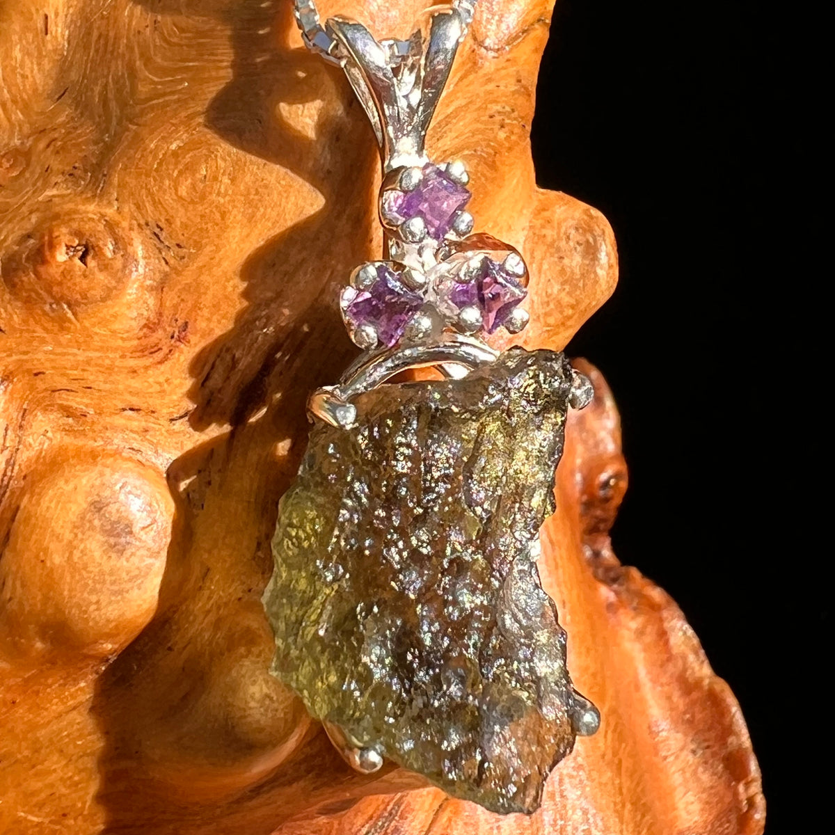 Moldavite & Amethyst Necklace Sterling Silver #8790-Moldavite Life