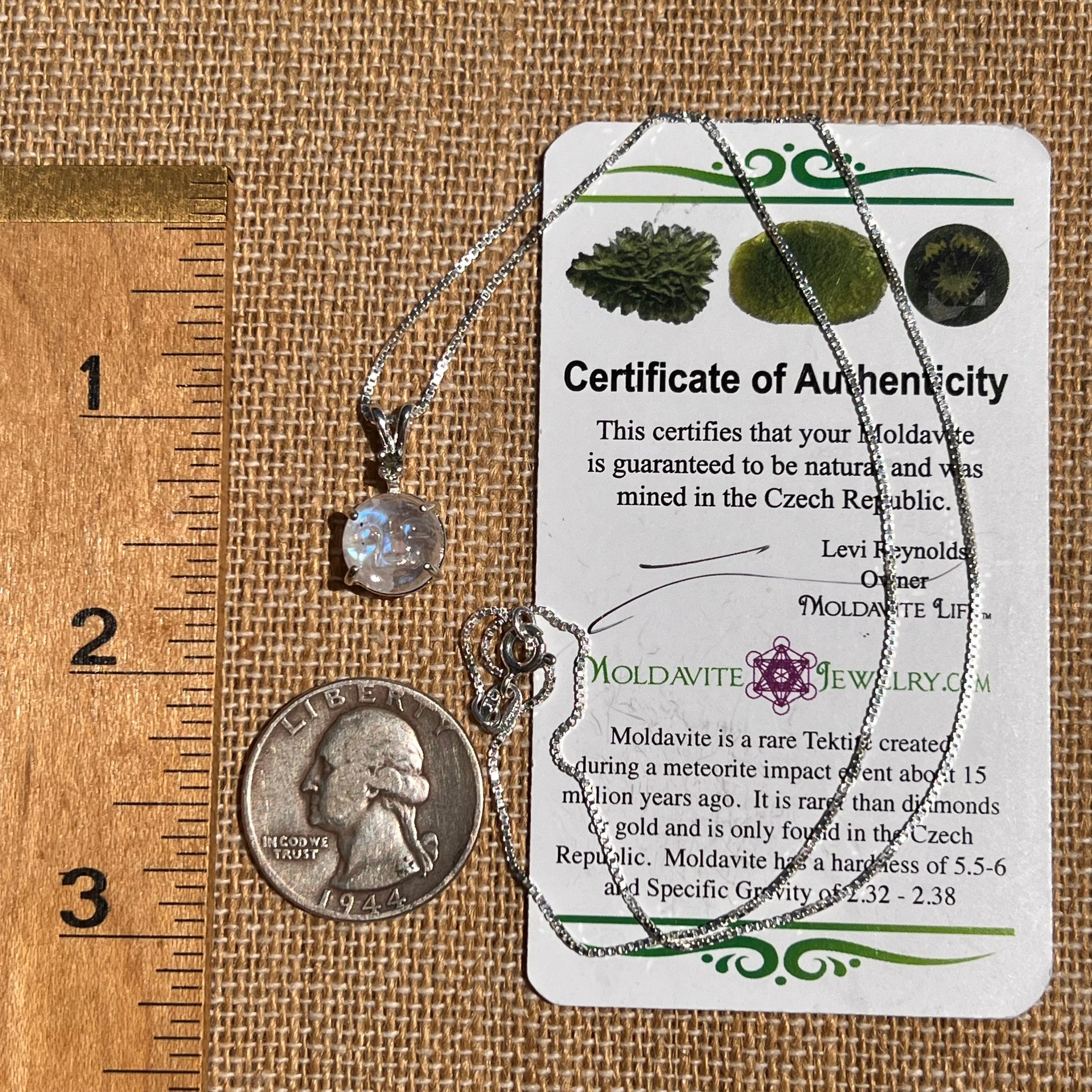 Moldavite & Full Moon Moonstone Necklace Sterling #6529