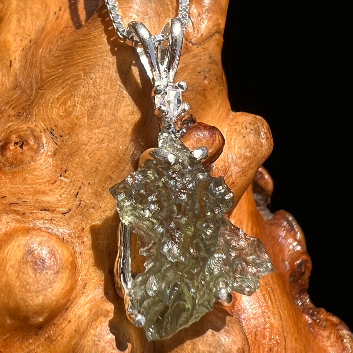 Moldavite & Herkimer Diamond Necklace Sterling #5487-Moldavite Life