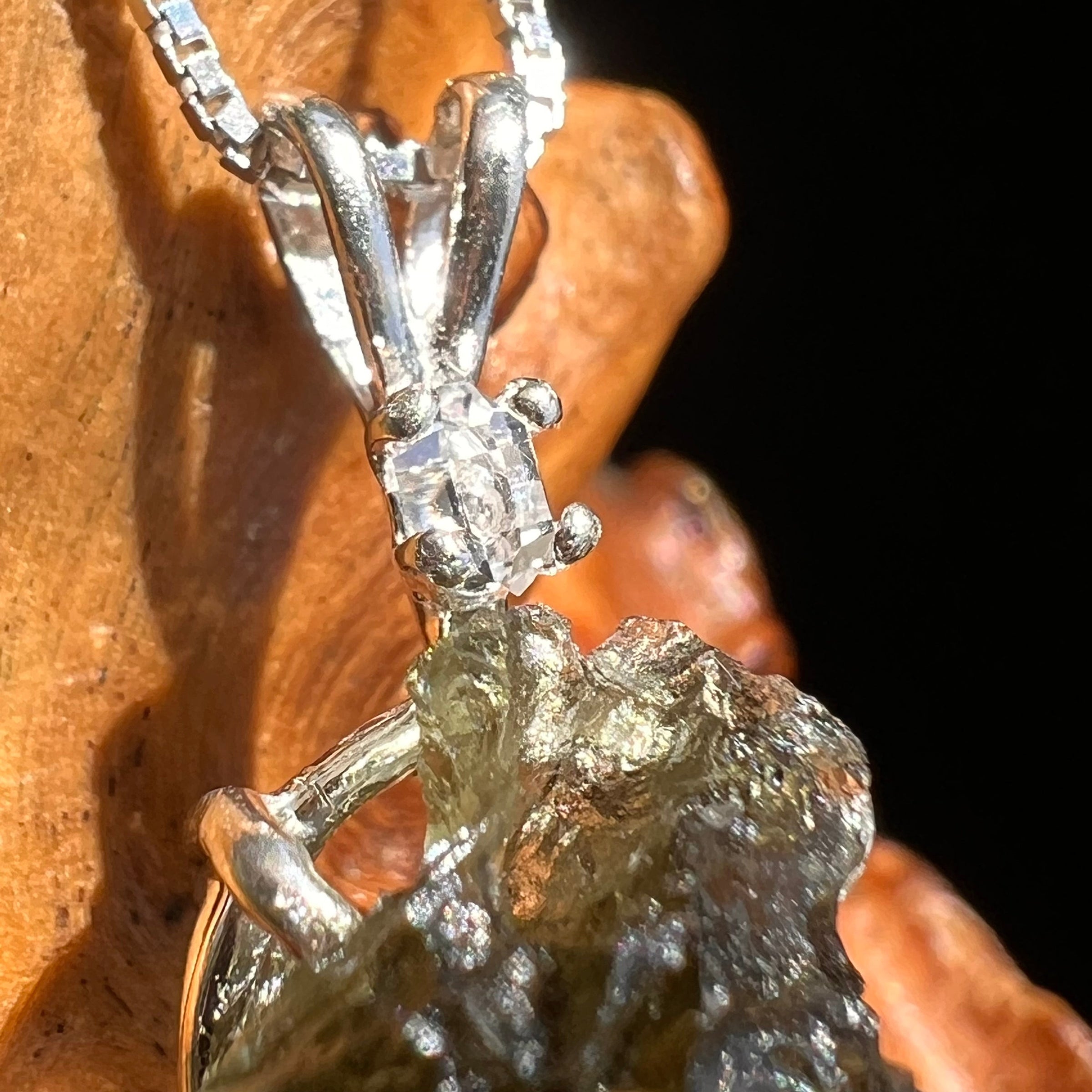 Moldavite & Herkimer Diamond Necklace Sterling #5493-Moldavite Life