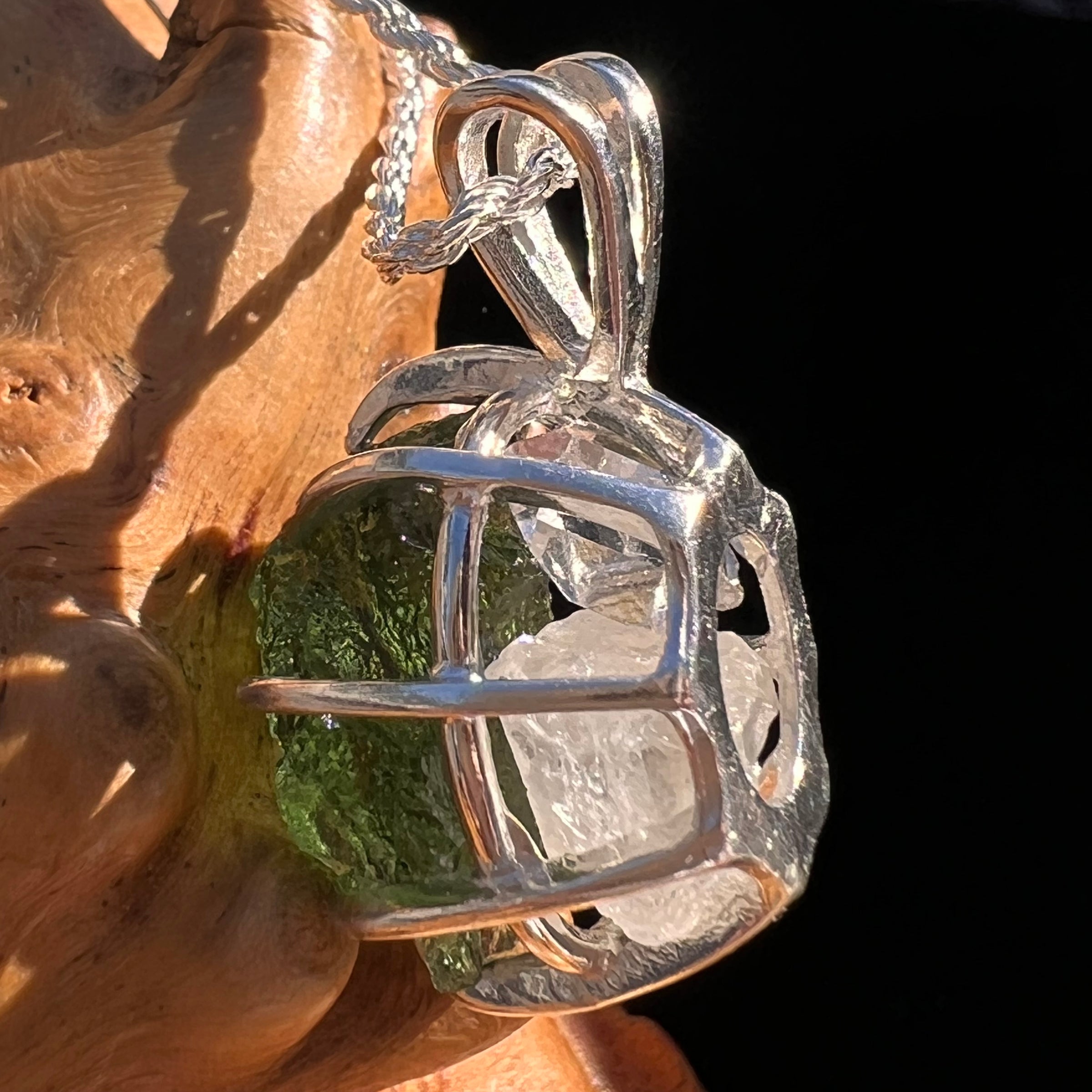 Moldavite, Phenakite, & Herkimer Pendant Sterling #7649-Moldavite Life