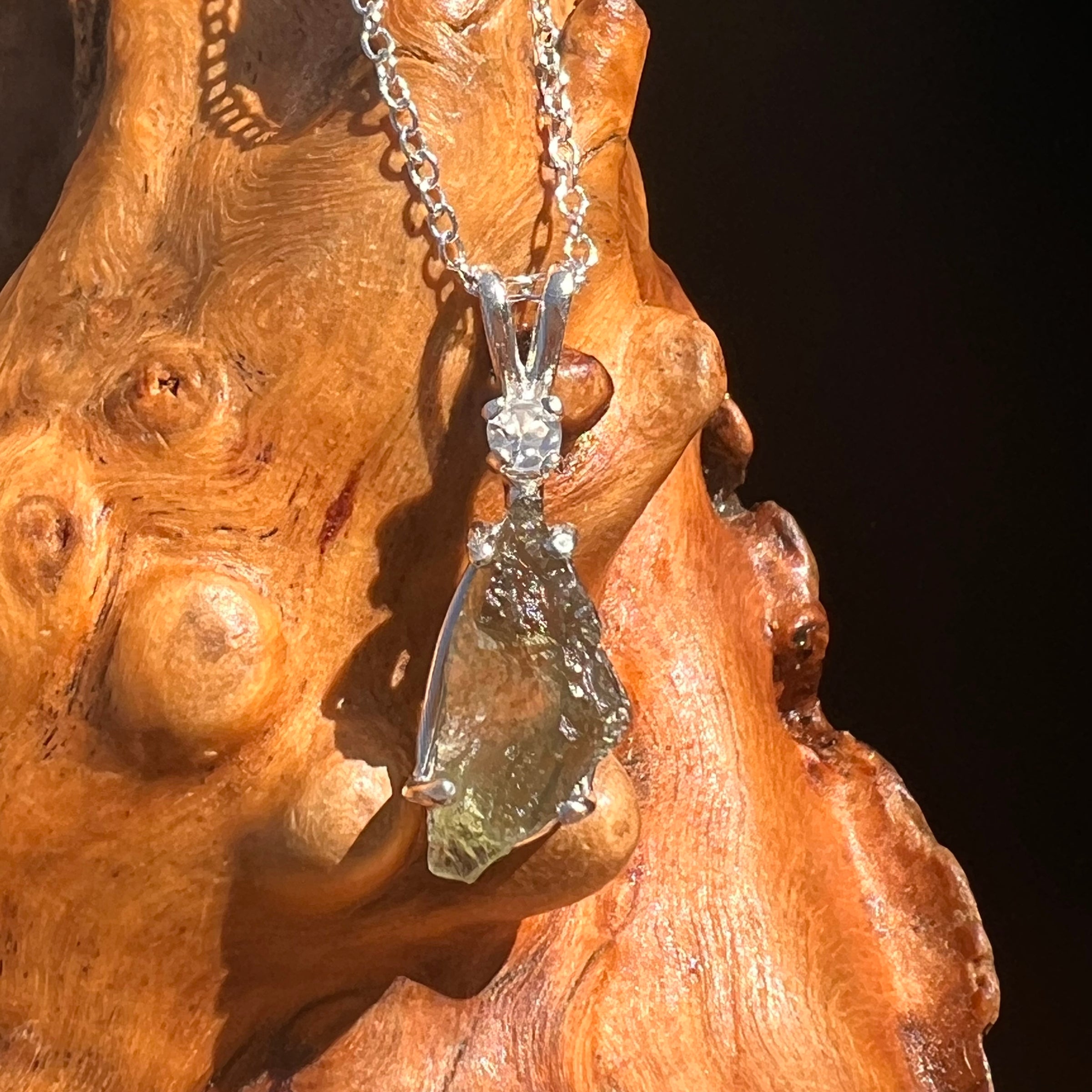 Moldavite & Phenakite Necklace Sterling #7640-Moldavite Life