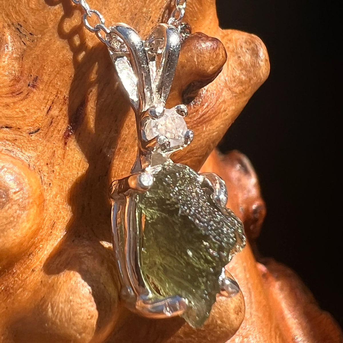 Moldavite & Phenakite Necklace Sterling #7641-Moldavite Life