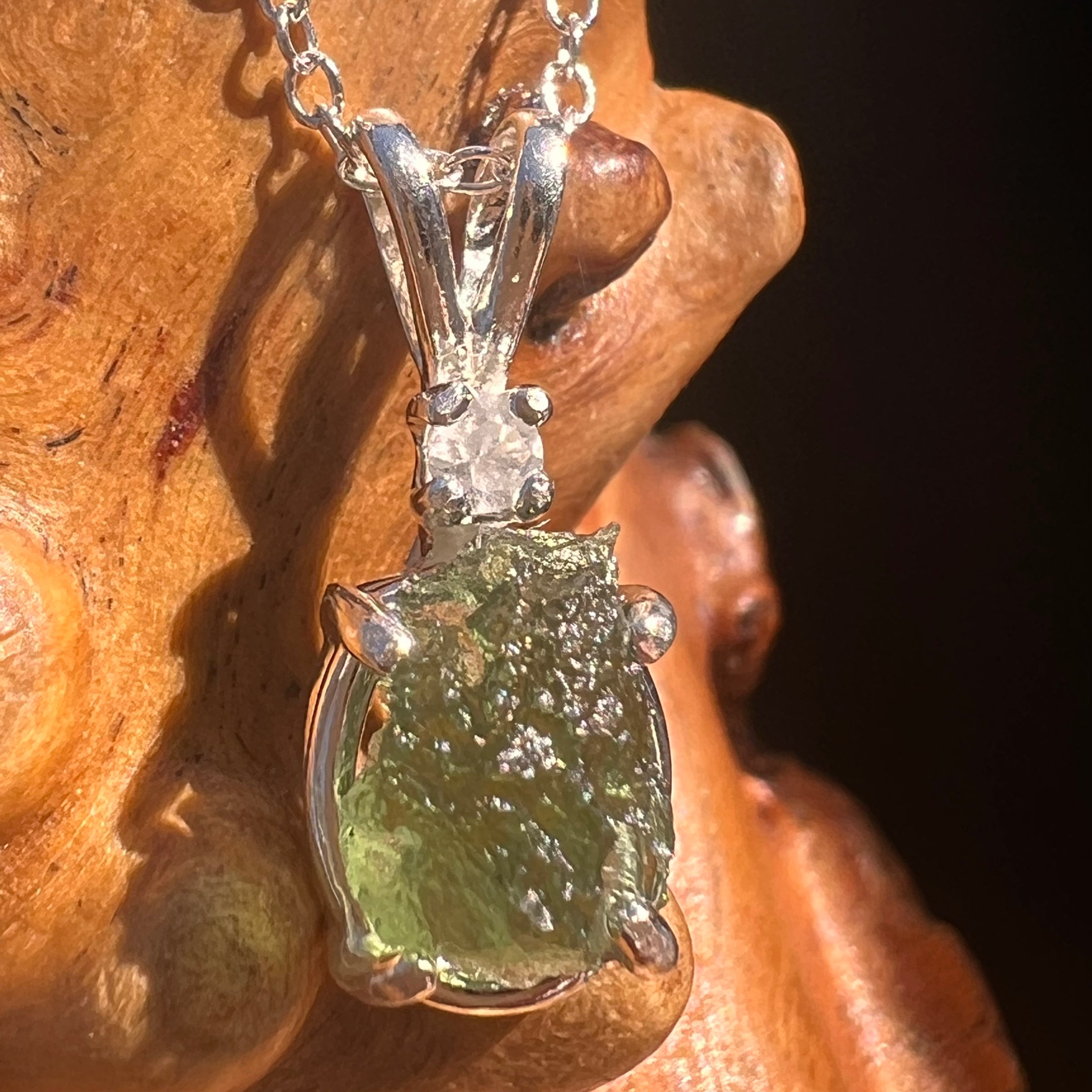 Moldavite & Phenakite Necklace Sterling #7642-Moldavite Life