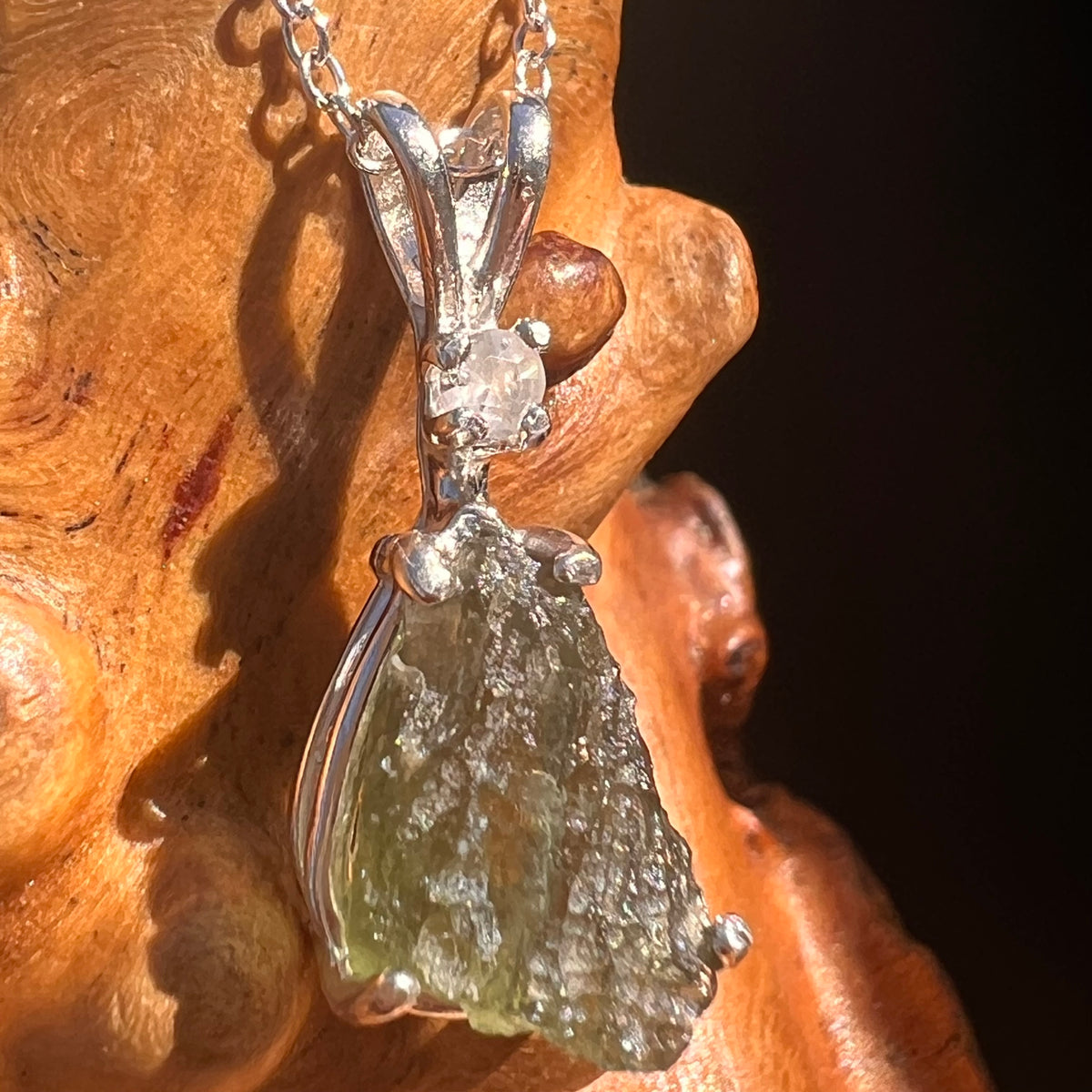 Moldavite & Phenakite Necklace Sterling #7643-Moldavite Life