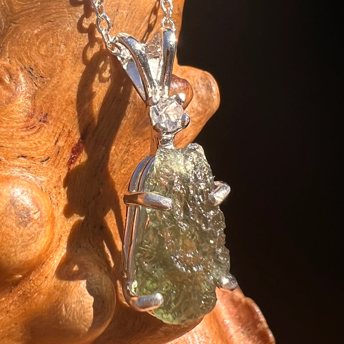 Moldavite & Phenakite Necklace Sterling #7645-Moldavite Life