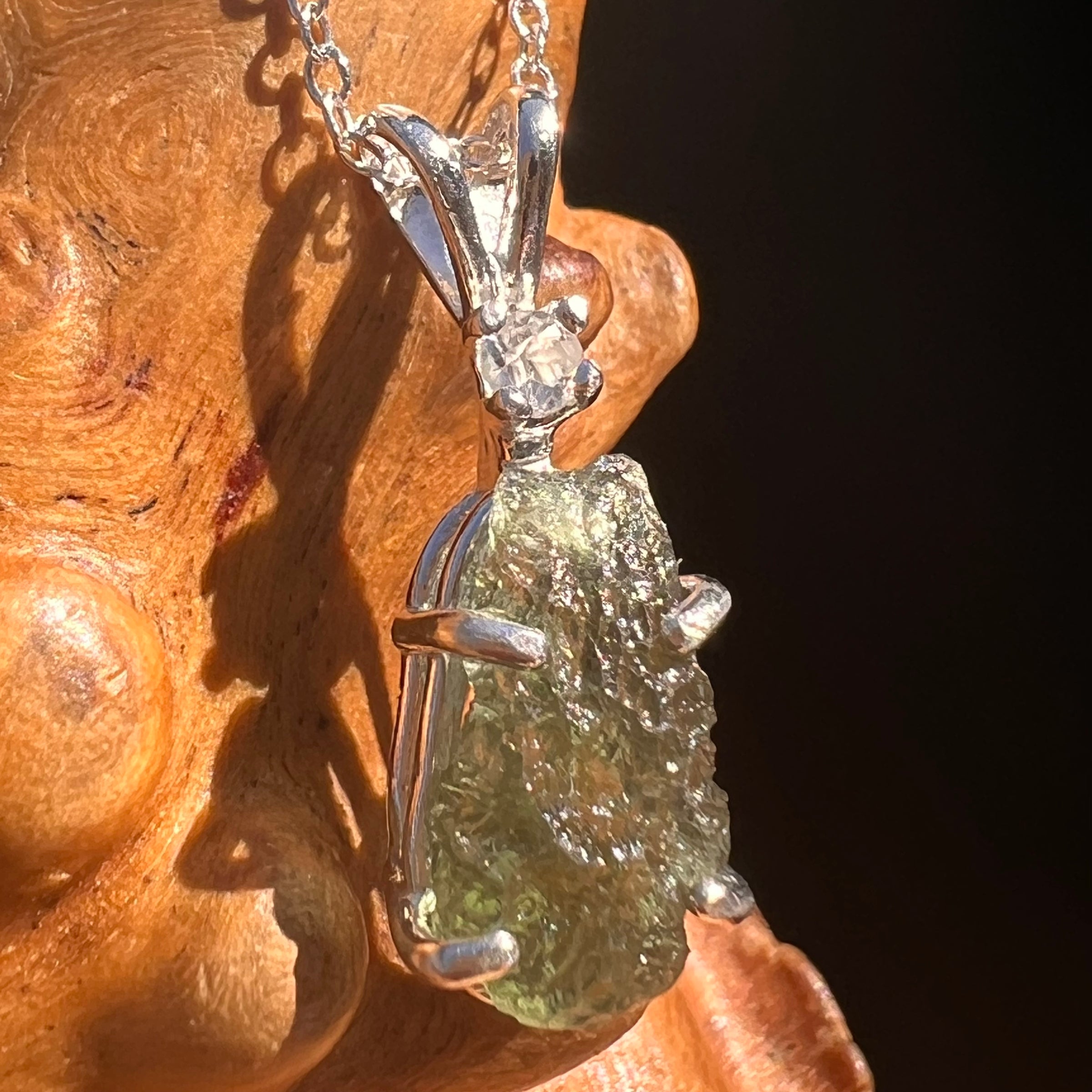 Moldavite & Phenakite Necklace Sterling #7645-Moldavite Life