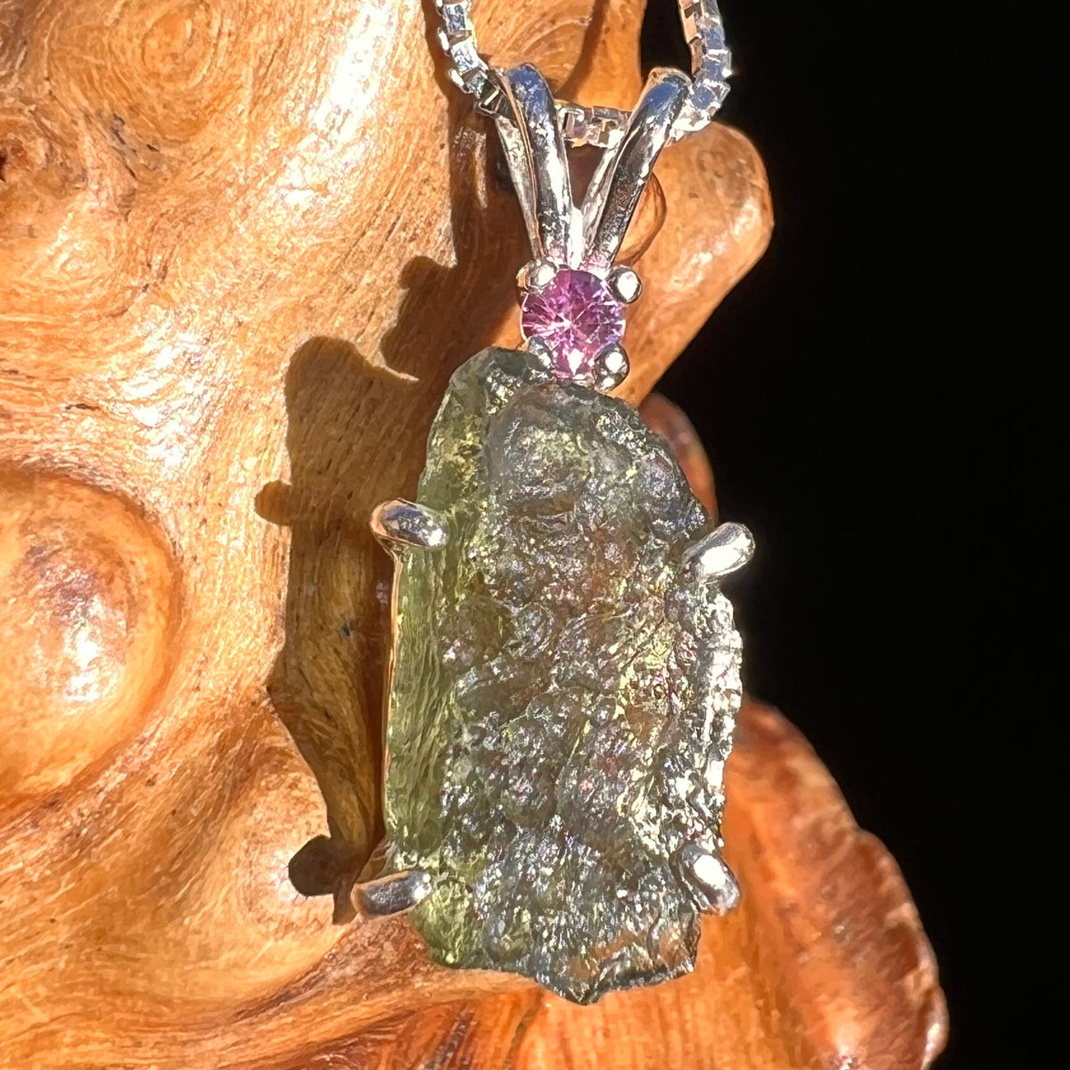 Moldavite & Pink Sapphire Necklace Sterling Silver #5048-Moldavite Life