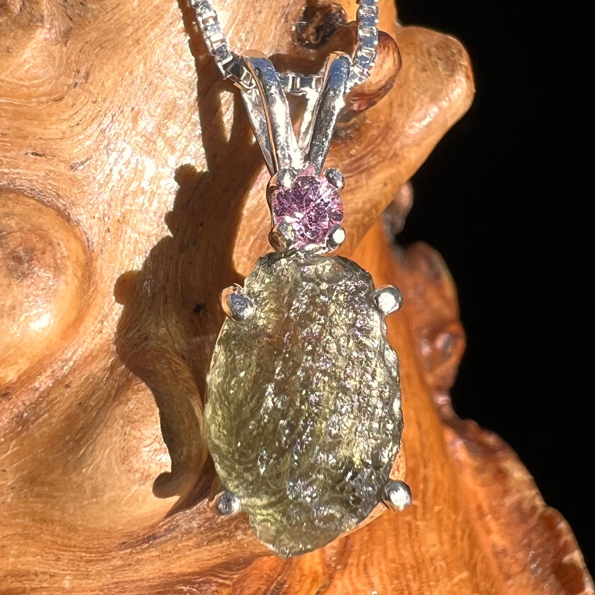 Moldavite & Pink Sapphire Necklace Sterling Silver #5051-Moldavite Life