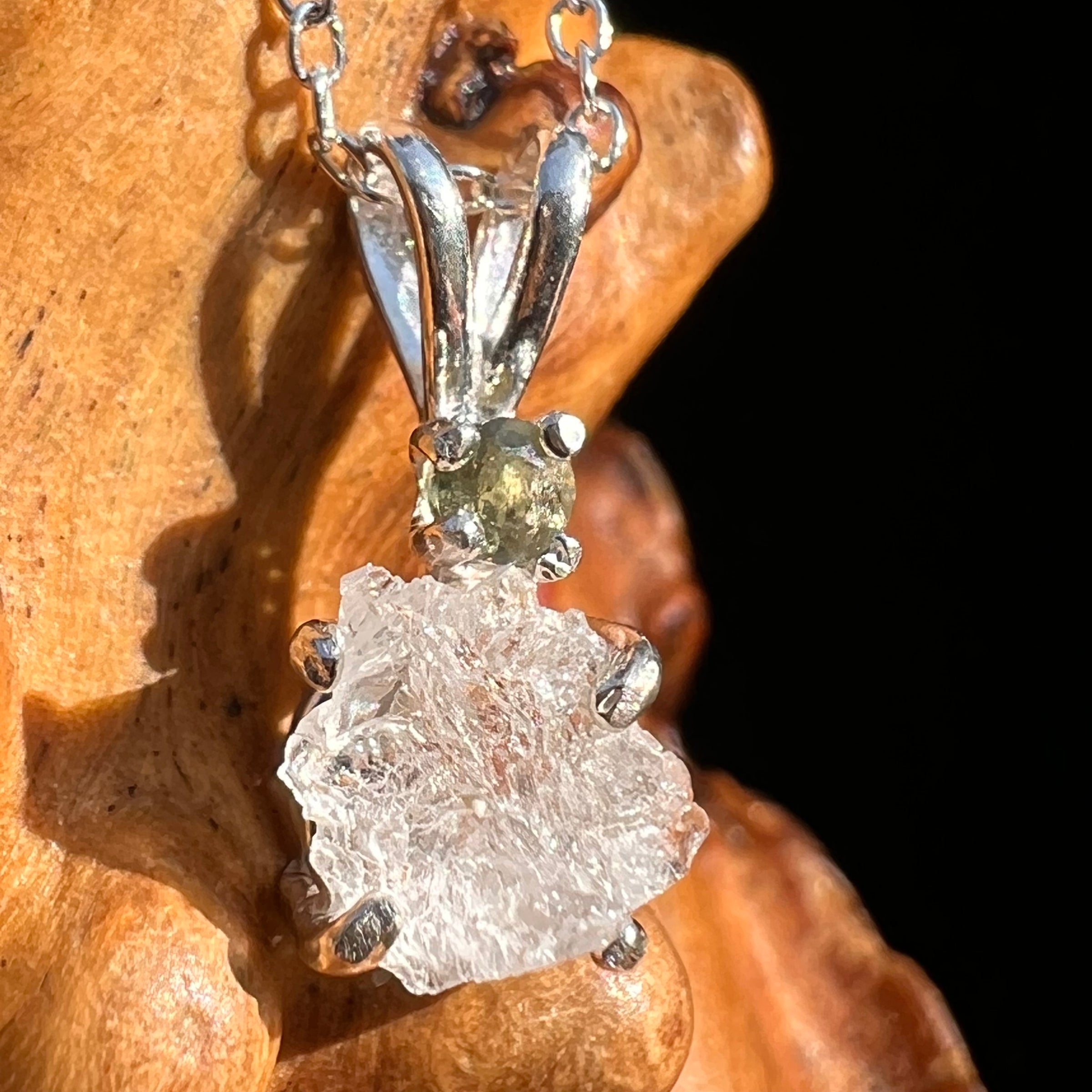 Pollucite & Moldavite Necklace Sterling Silver #6796-Moldavite Life