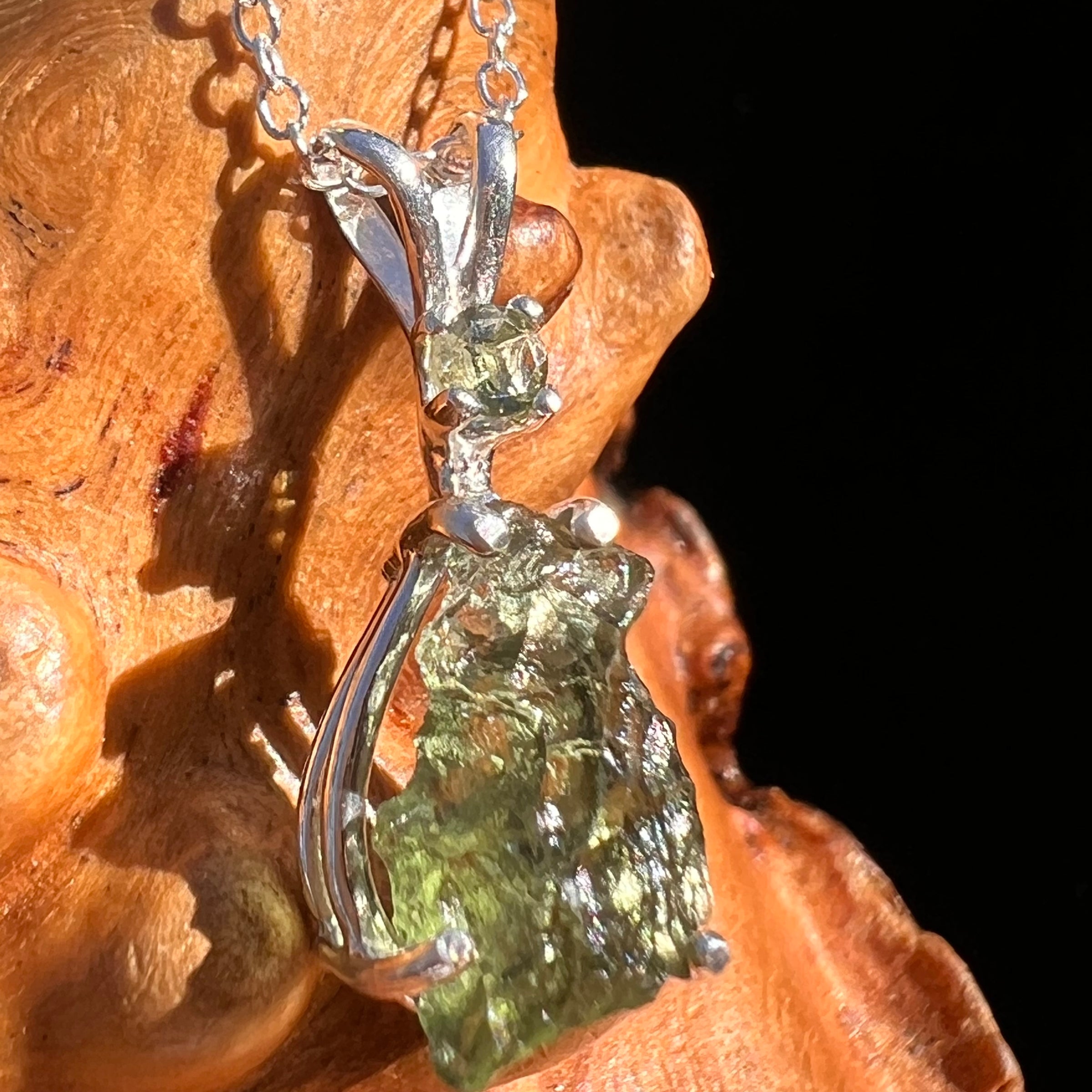Raw & Faceted Moldavite Necklace Sterling Silver #7676-Moldavite Life