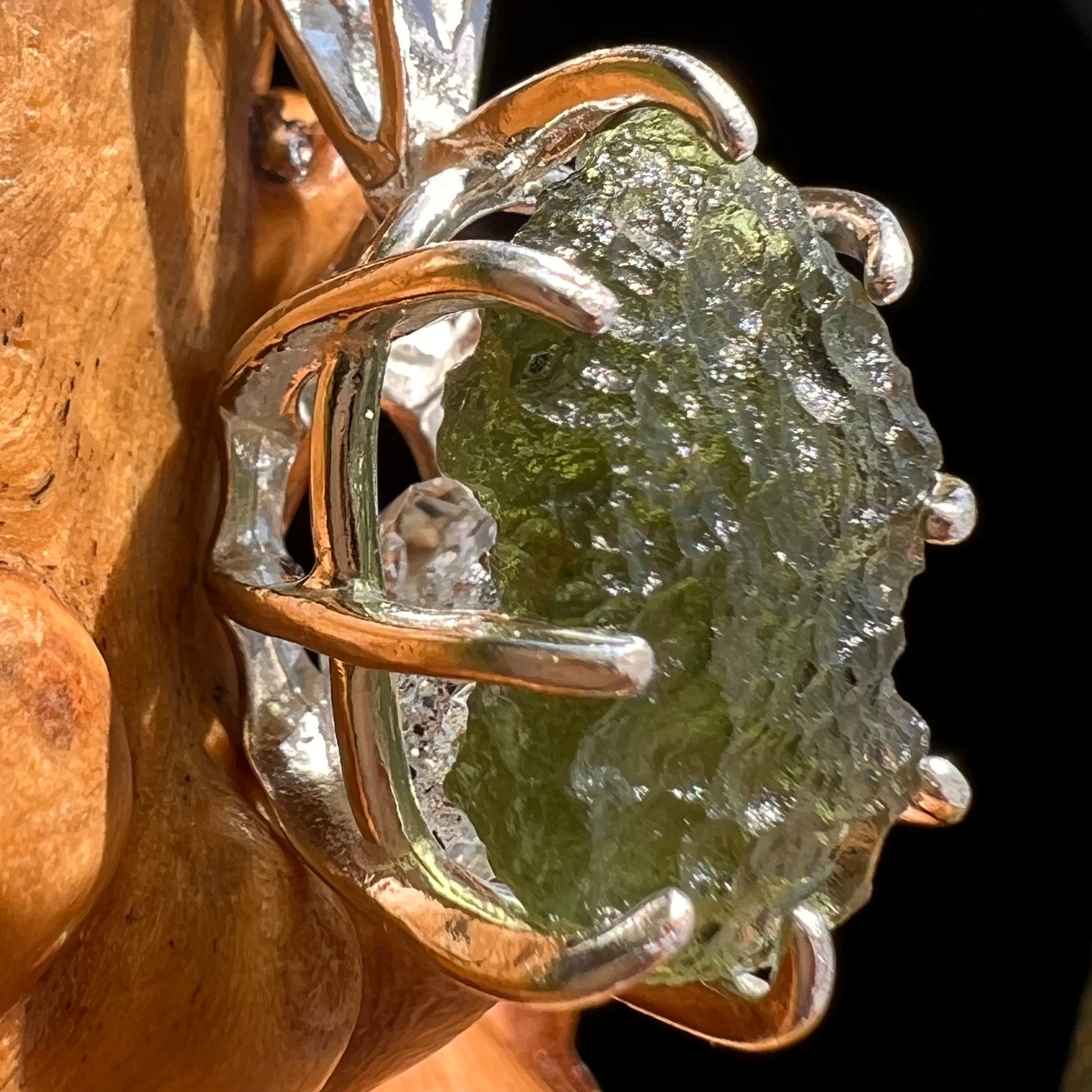 Raw Moldavite Herkimer Diamond Pendant Sterling #5407-Moldavite Life