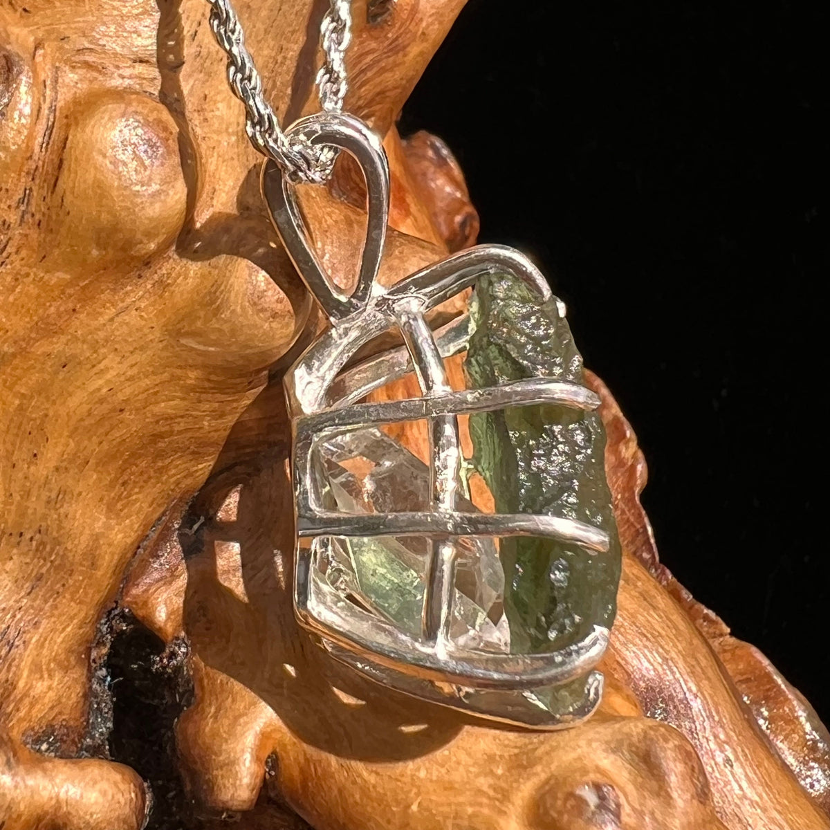 Raw Moldavite Herkimer Diamond Pendant Sterling #5416-Moldavite Life