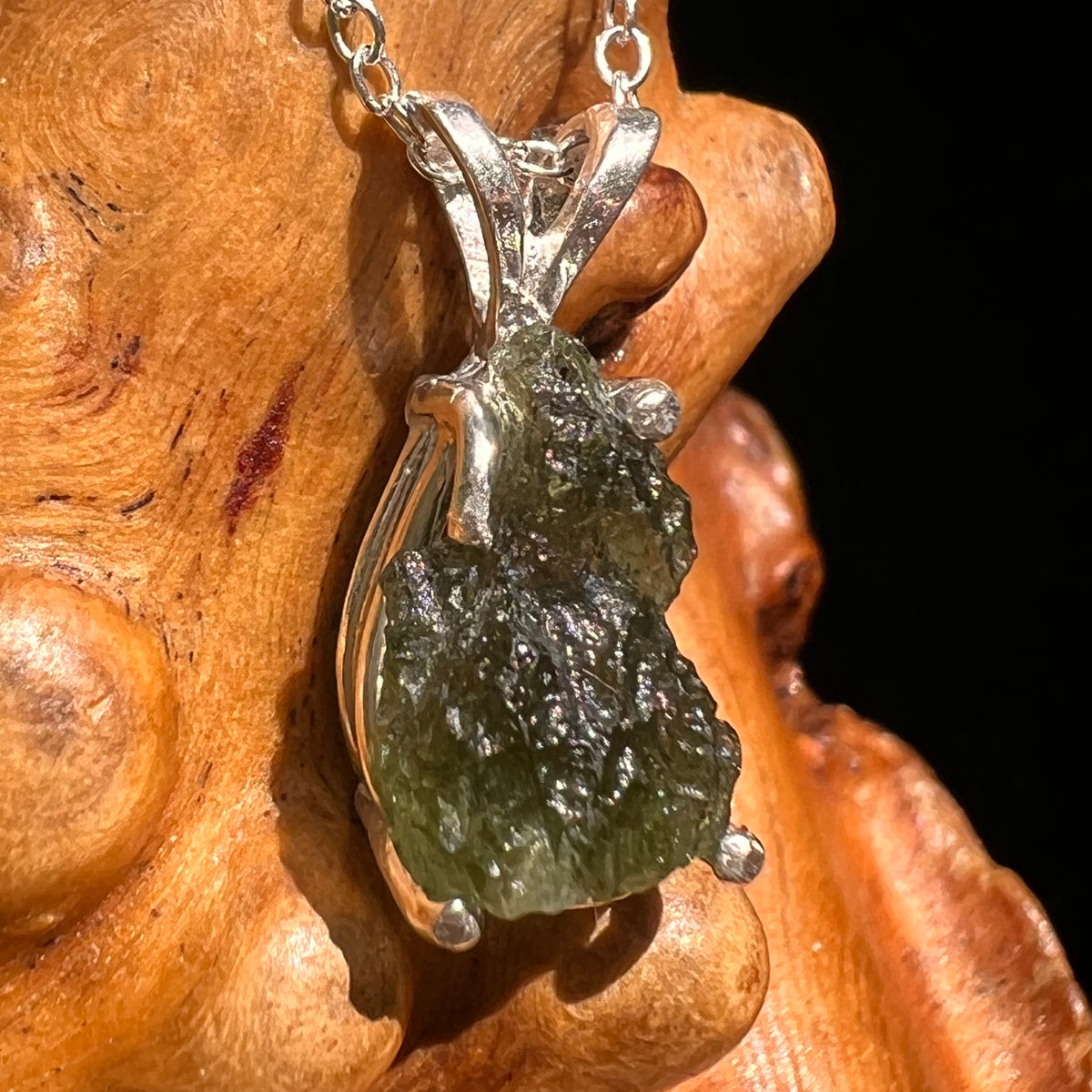 Raw Moldavite Necklace Sterling Silver #8598-Moldavite Life