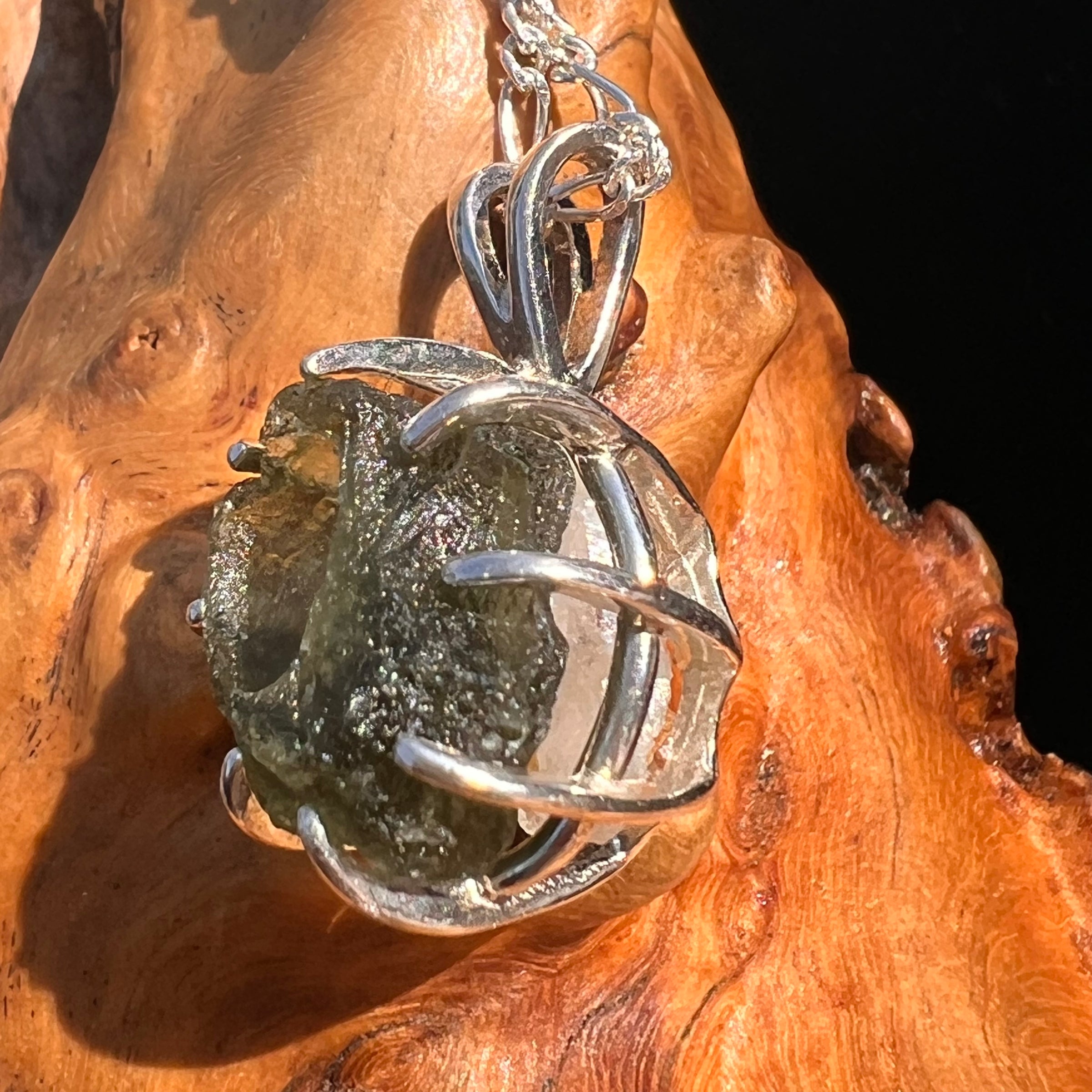 Raw Moldavite & Phenakite Pendant Sterling #7521-Moldavite Life