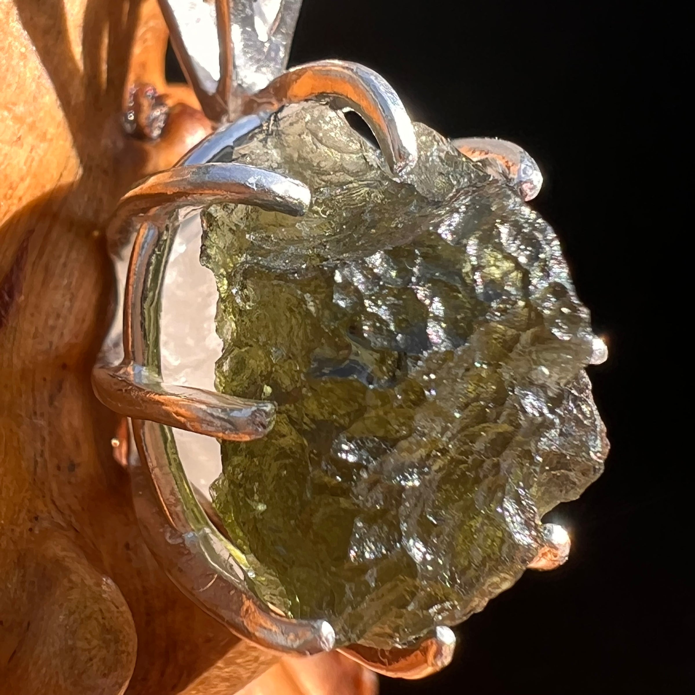Raw Moldavite & Phenakite Pendant Sterling #7522-Moldavite Life