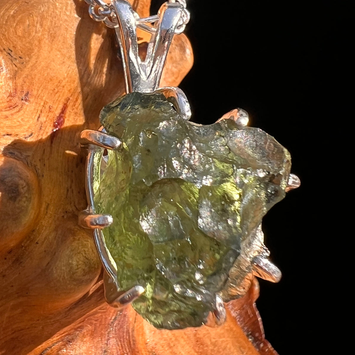 Raw Moldavite & Phenakite Pendant Sterling #7524-Moldavite Life