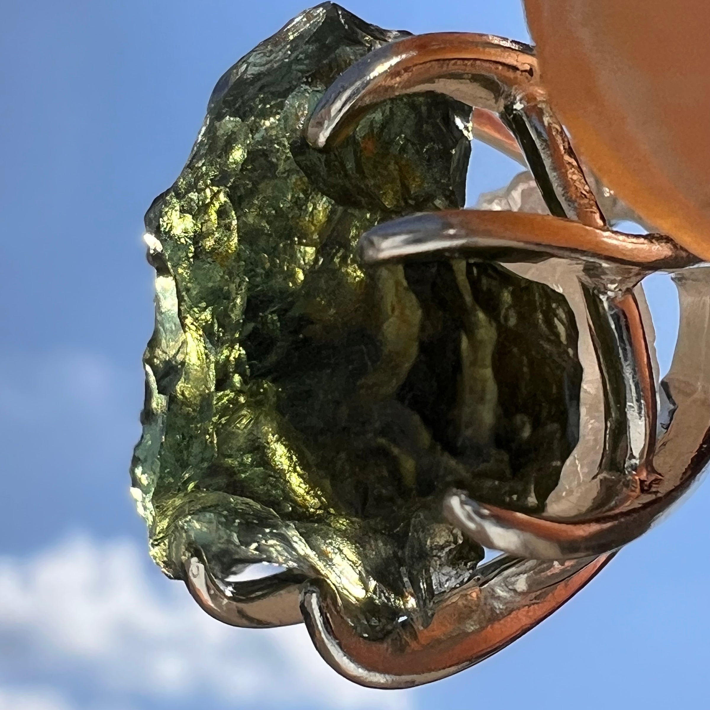 Raw Moldavite & Phenakite Pendant Sterling #7524-Moldavite Life