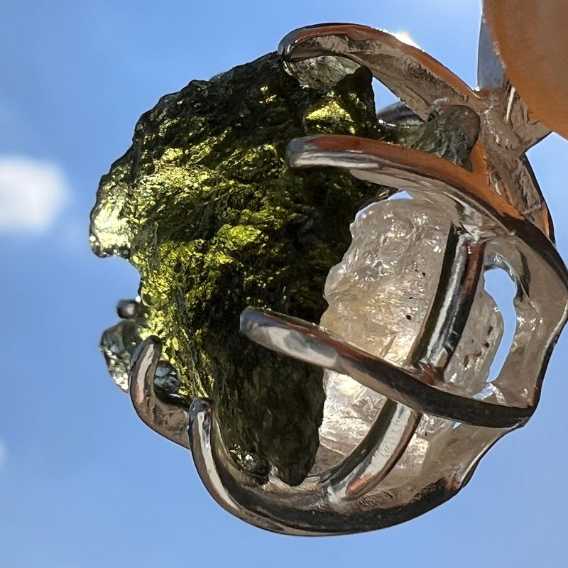 Raw Moldavite & Phenakite Pendant Sterling #7526-Moldavite Life
