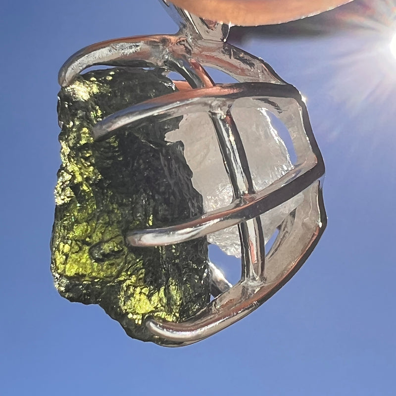 Raw Moldavite & Phenakite Pendant Sterling #7648-Moldavite Life