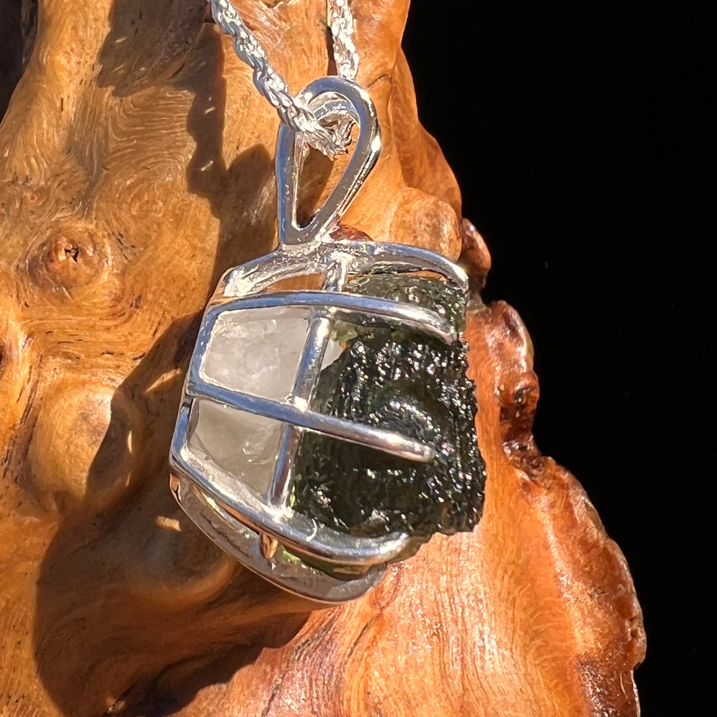 Raw Moldavite & Phenakite Pendant Sterling #7648-Moldavite Life