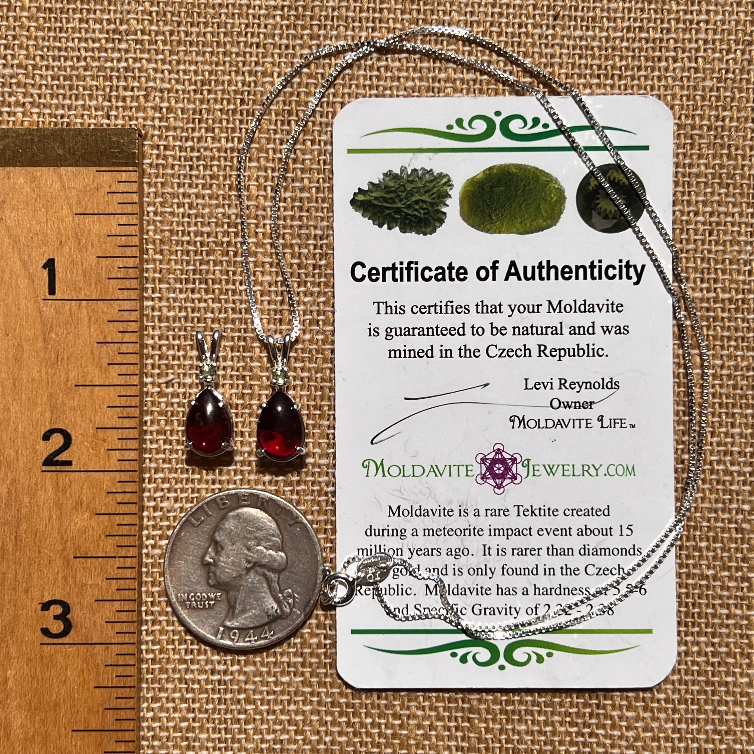 Red Spessartine Garnet & Moldavite Necklace Sterling #7868-Moldavite Life