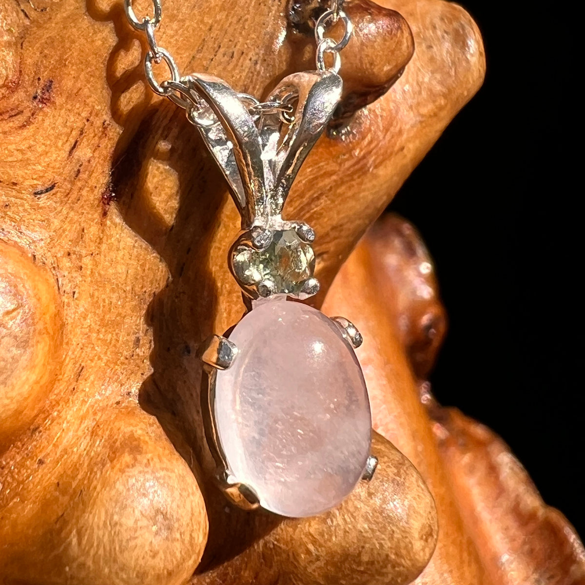 Rose Quartz & Moldavite Necklace Sterling Silver #8688-Moldavite Life
