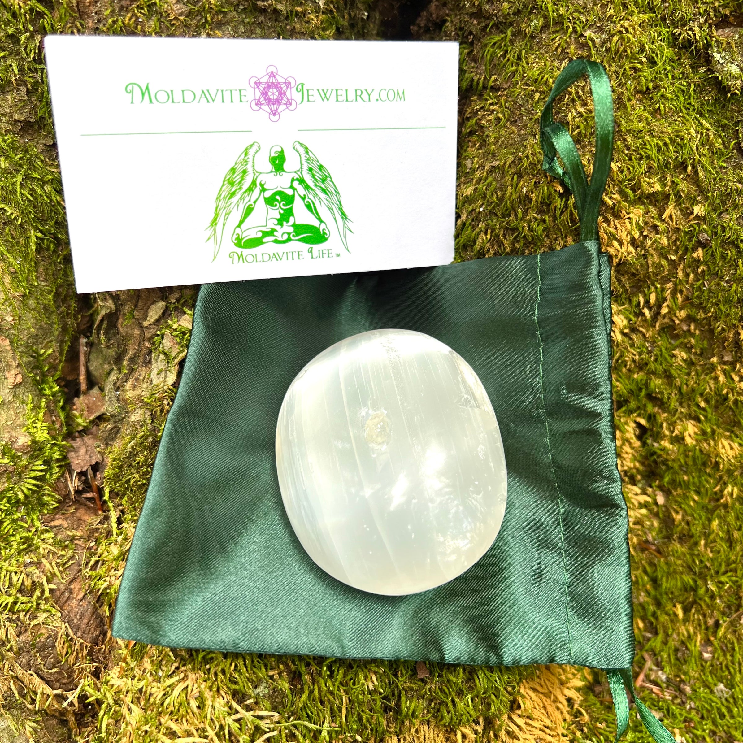 Selenite & Phenakite Palm Stone for Energy Clearing #2-Moldavite Life