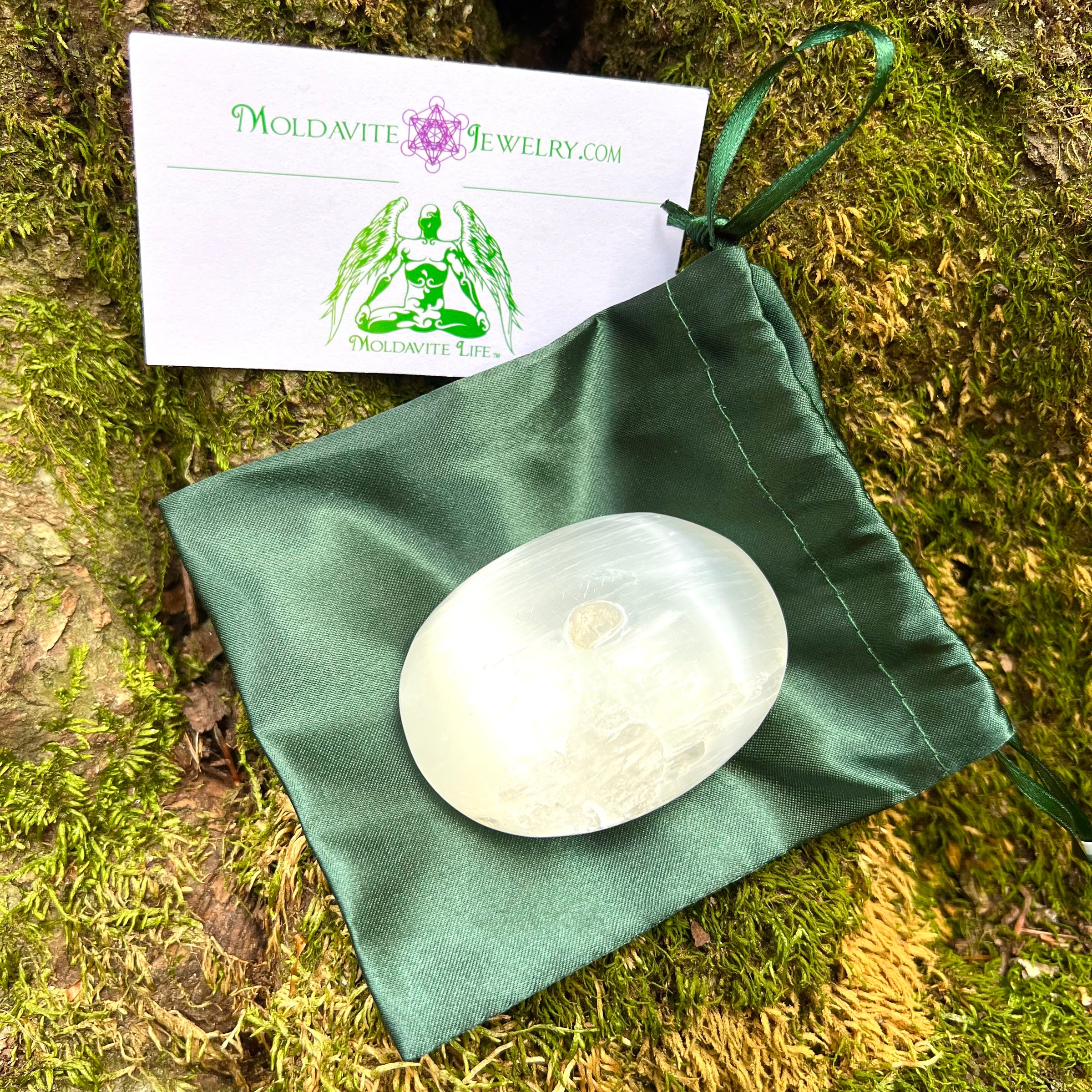 Selenite & Phenakite Palm Stone for Energy Clearing #4-Moldavite Life