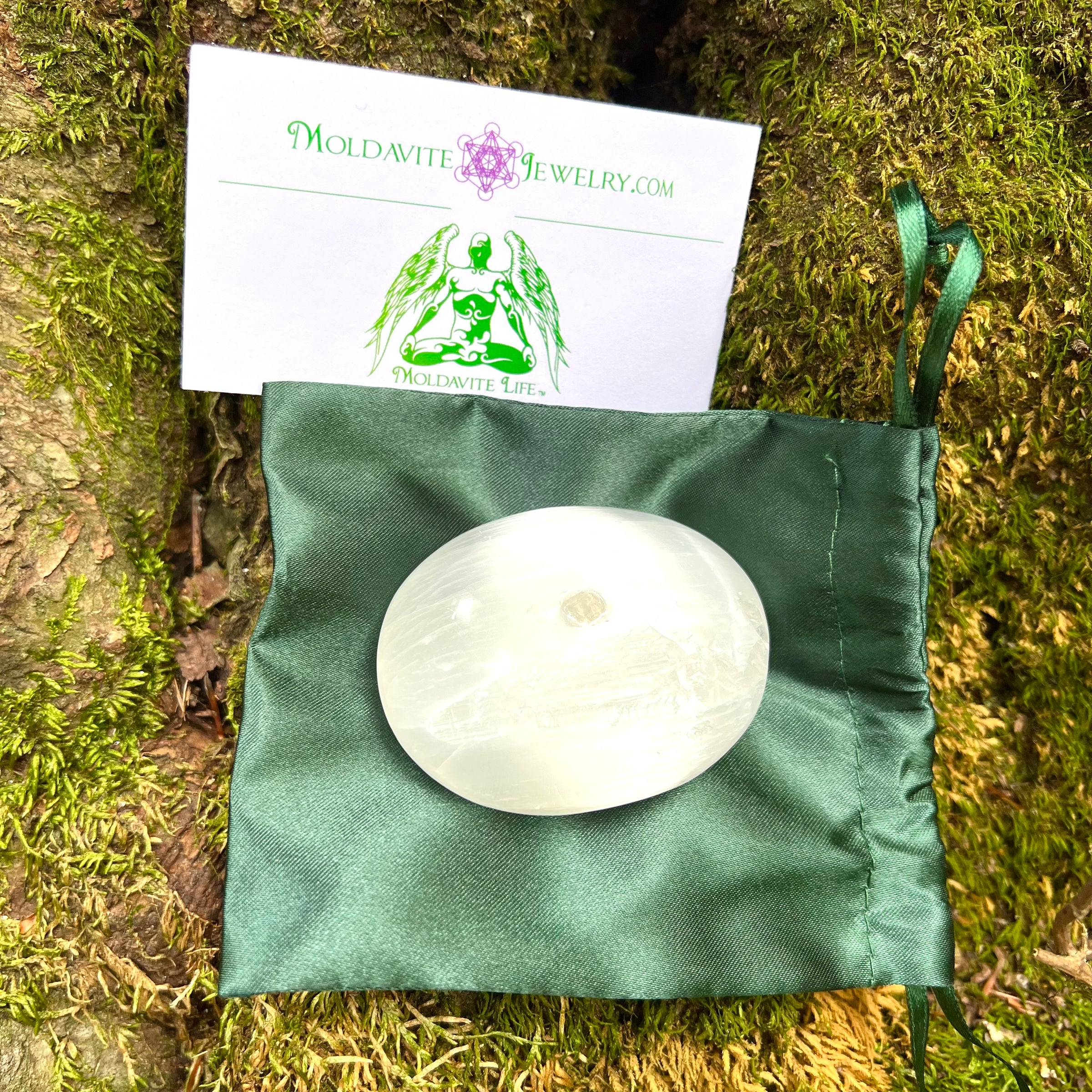 Selenite & Phenakite Palm Stone for Energy Clearing #6-Moldavite Life