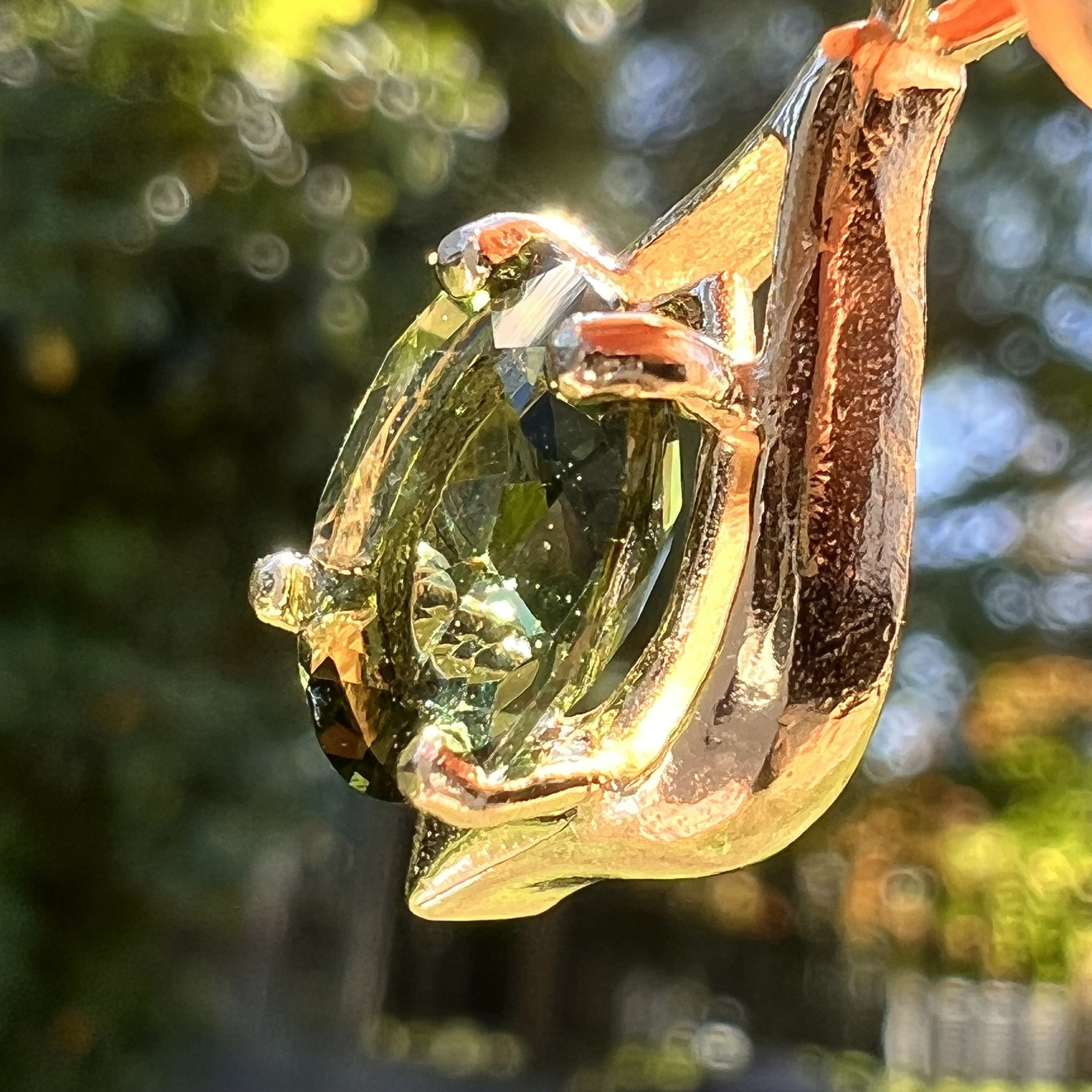 Moldavite Pendant Drop 14k Gold moldavitejewlery