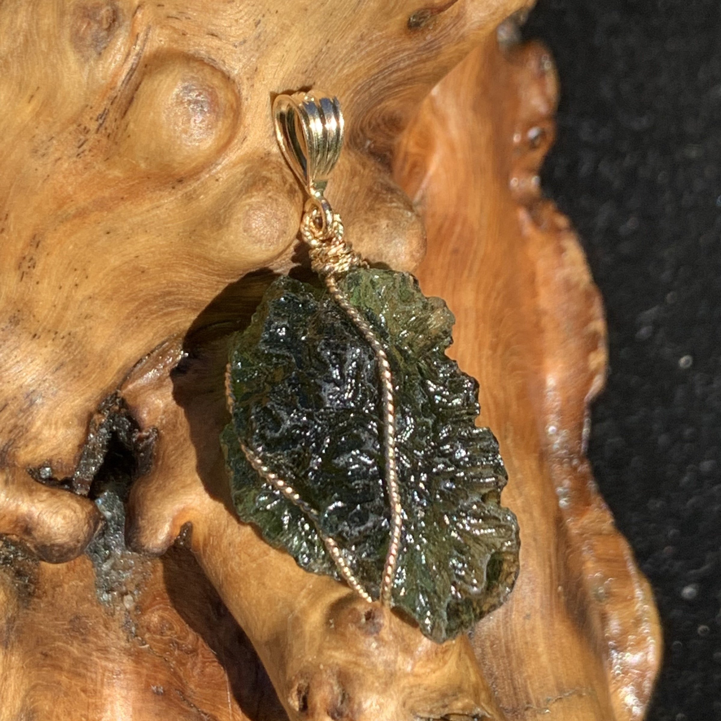 Raw Moldavite Pendant Wire Wrapped 14k Gold - Main Image