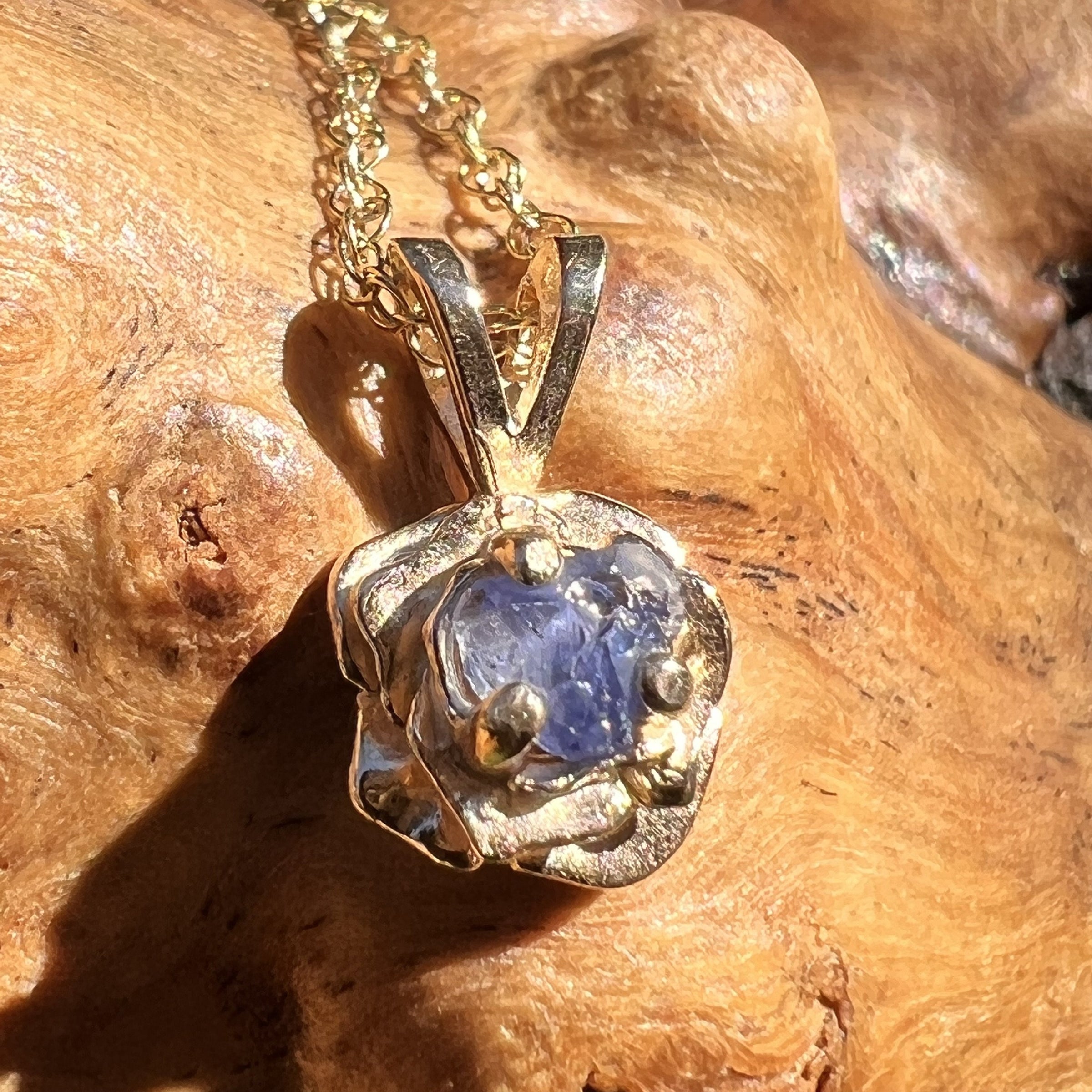 Raw Benitoite Rose Pendant 14k Gold Moldavite Life