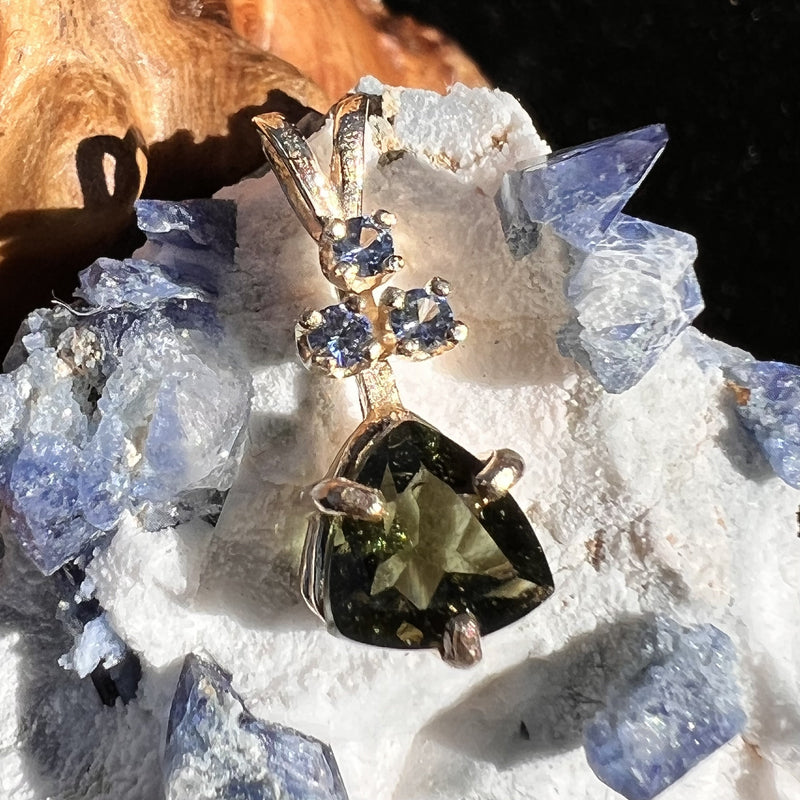 Faceted Moldavite Benitoite Pendant 14k Gold Moldavite Life