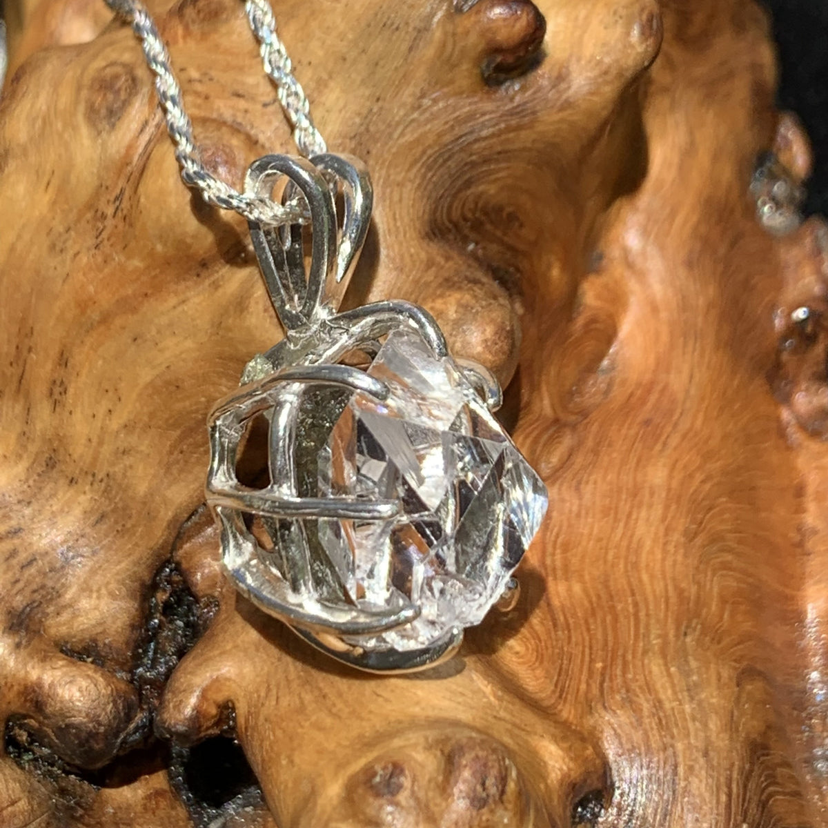 Herkimer Diamond Moldavite Basket Pendant Silver-Moldavite Life