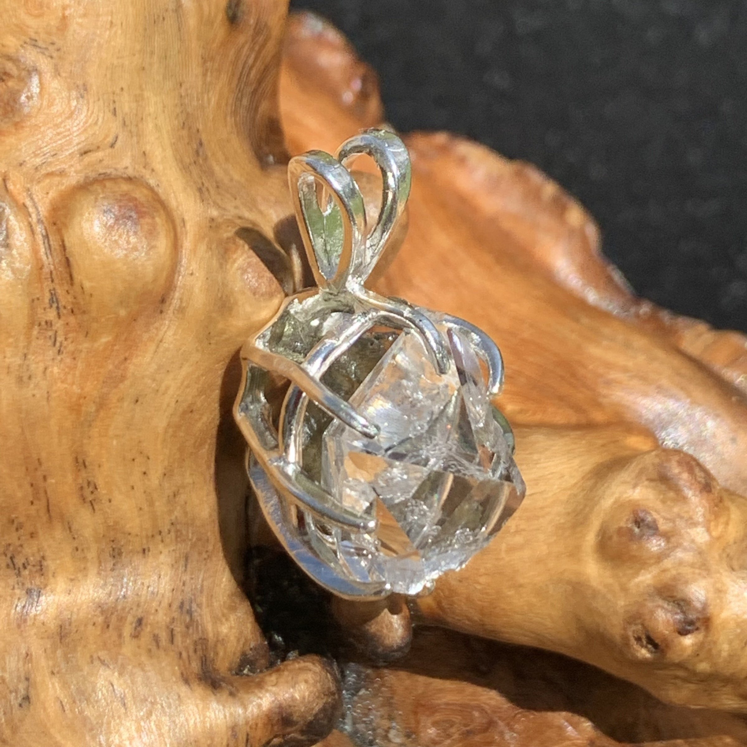 Herkimer Diamond Moldavite Basket Pendant Silver-Moldavite Life